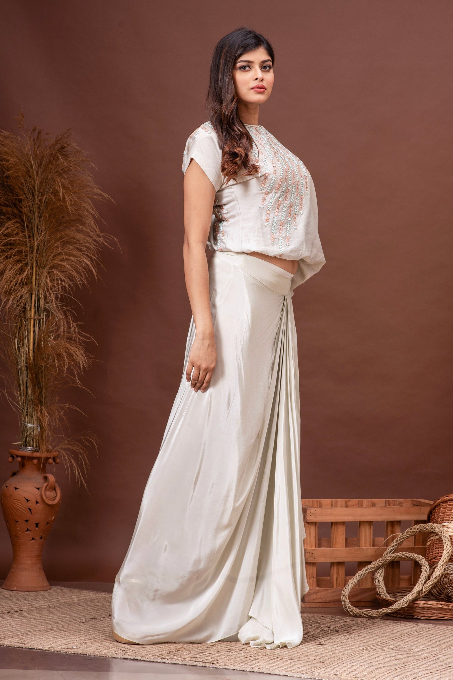 Icy Mint Green Crepe Draped Skirt Set