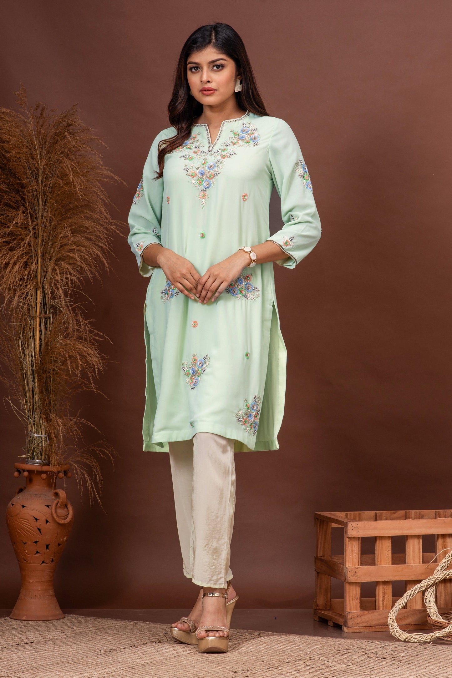 Mint Green Georgette Sequins Embroidered Kurta Set