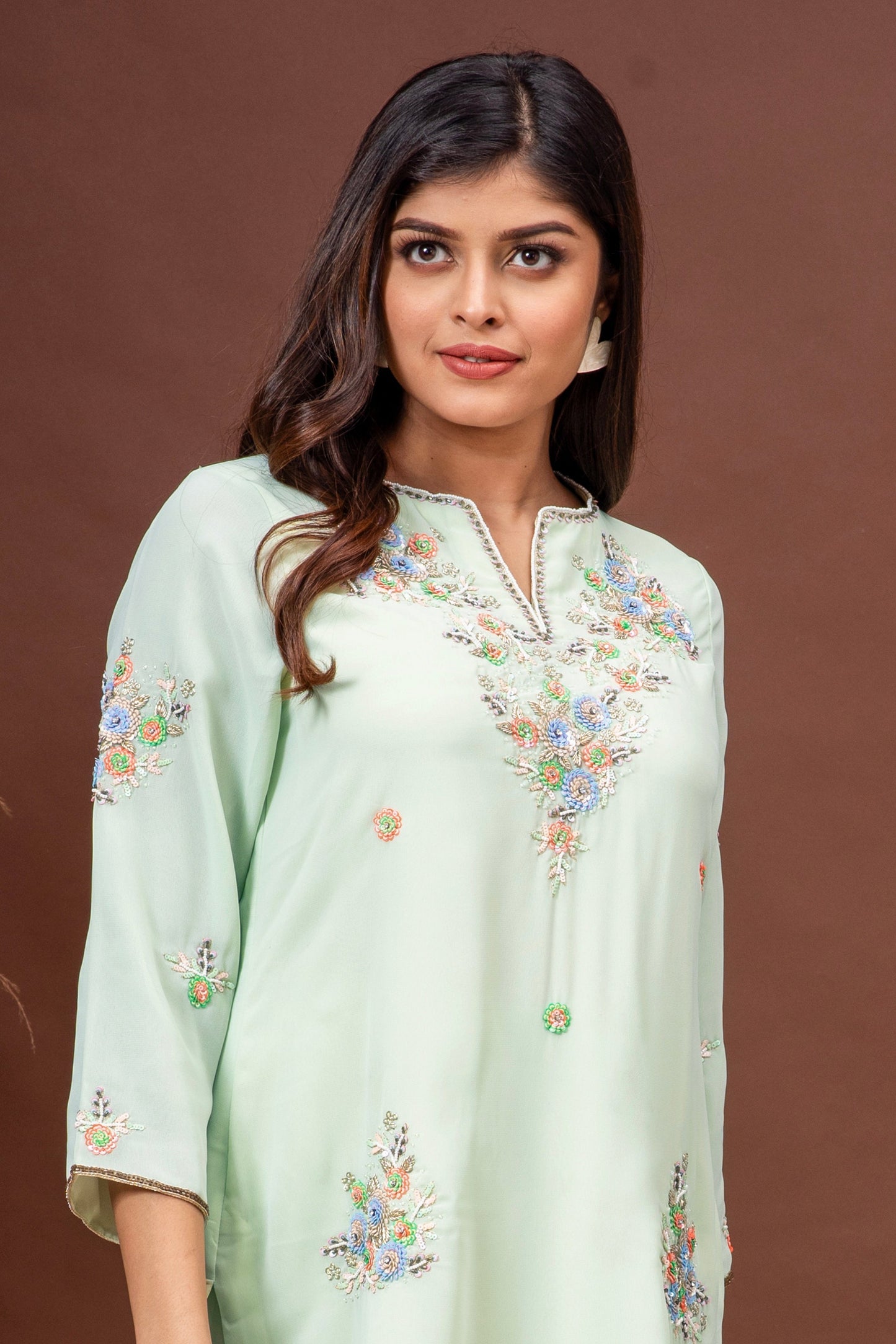 Mint Green Georgette Sequins Embroidered Kurta Set