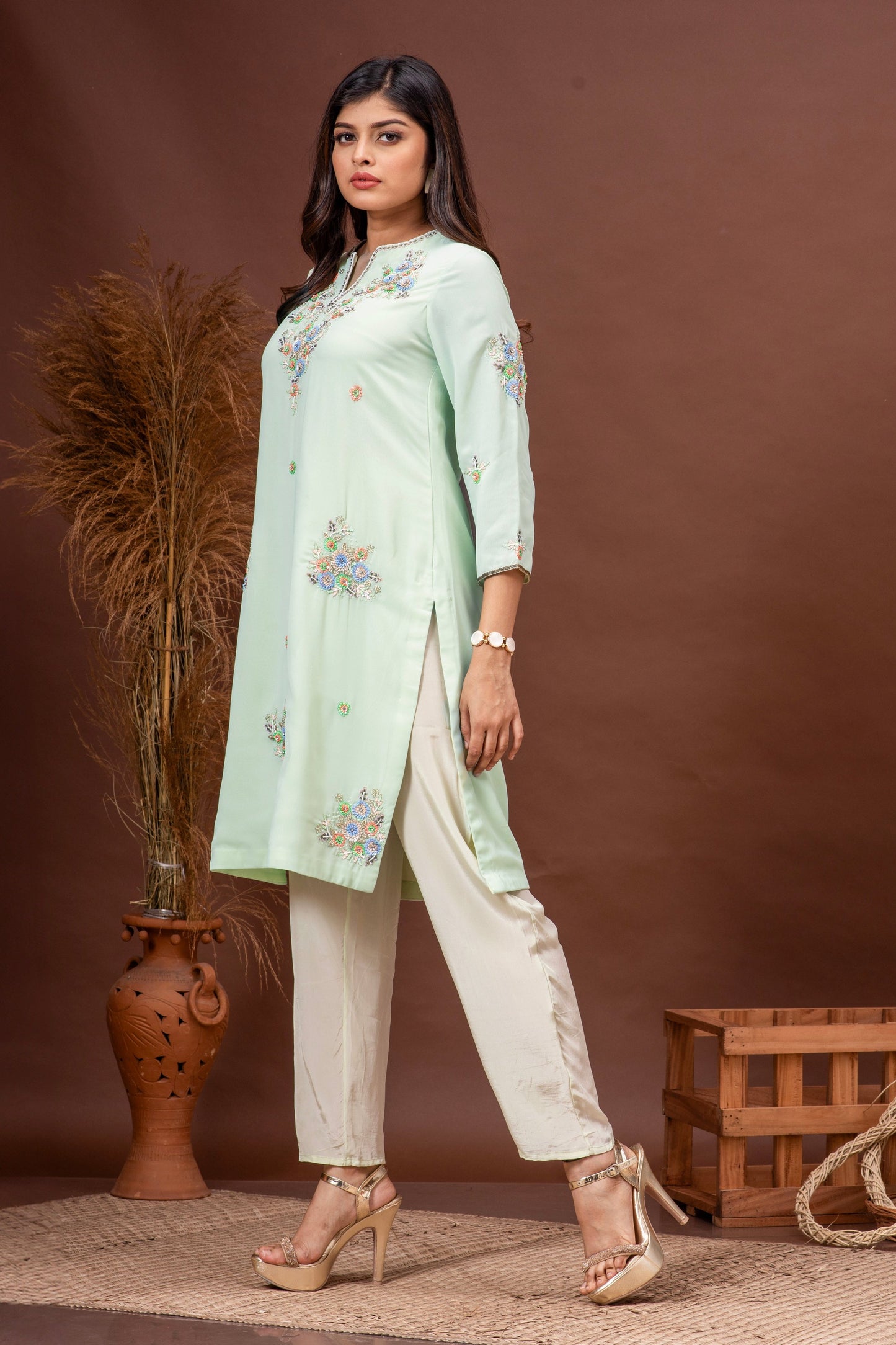 Mint Green Georgette Sequins Embroidered Kurta Set