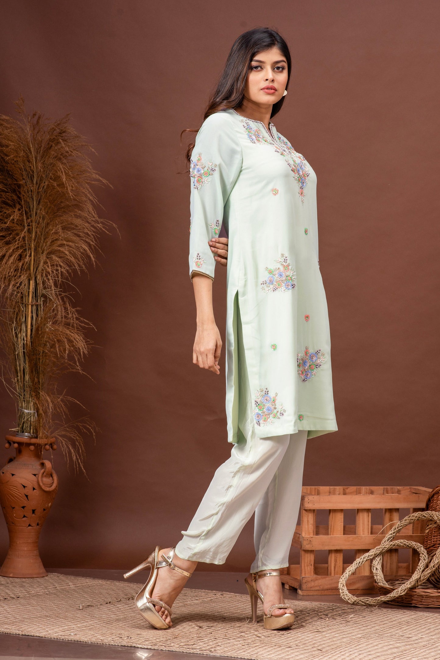 Mint Green Georgette Sequins Embroidered Kurta Set