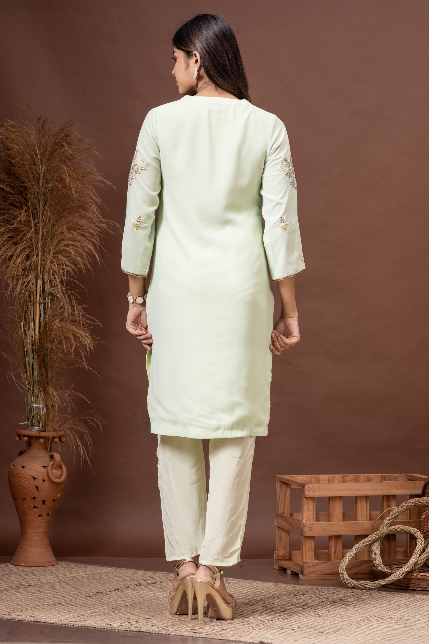 Mint Green Georgette Sequins Embroidered Kurta Set