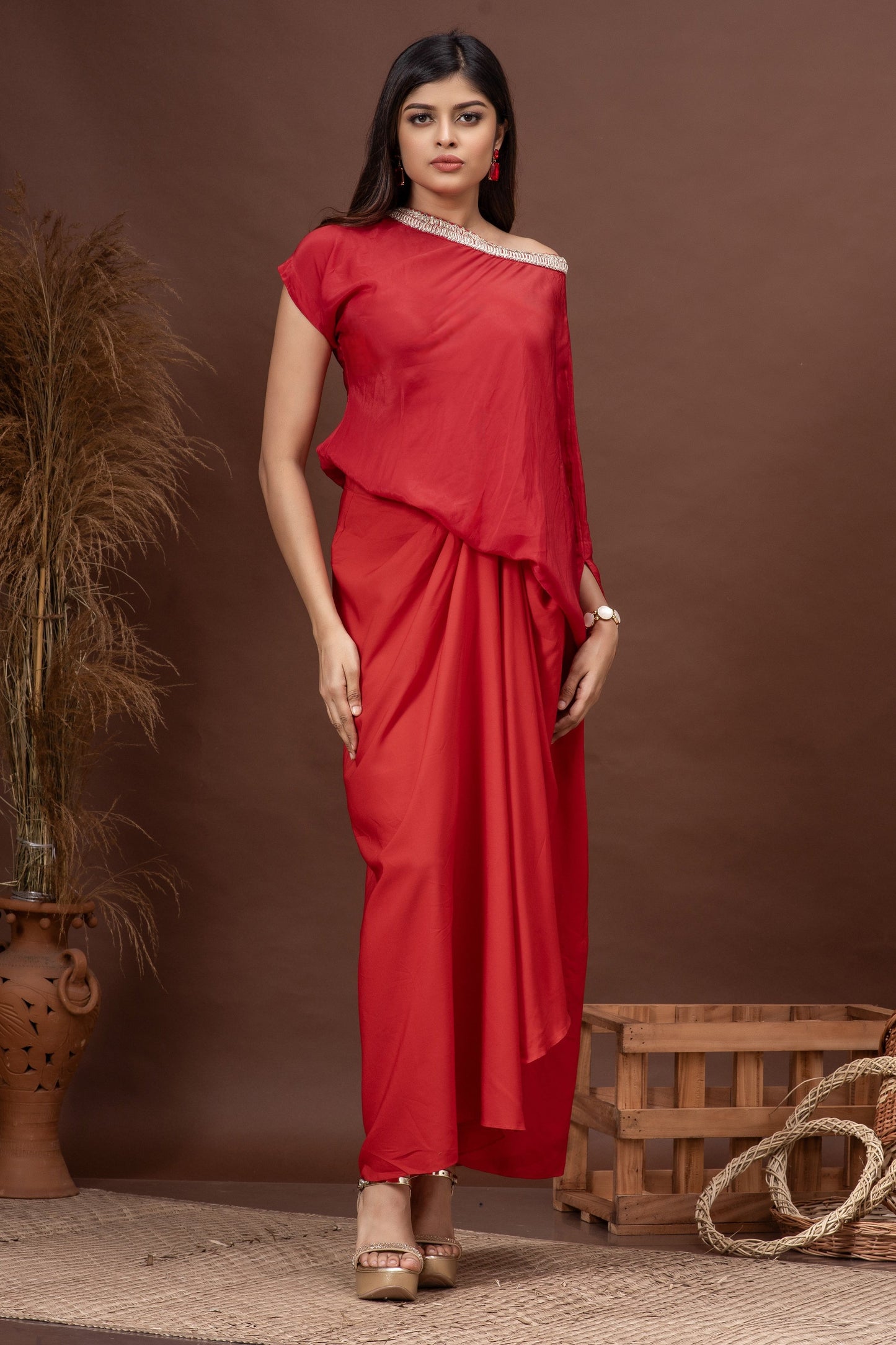 Tomato Red Habutai Silk Draped Skirt Set
