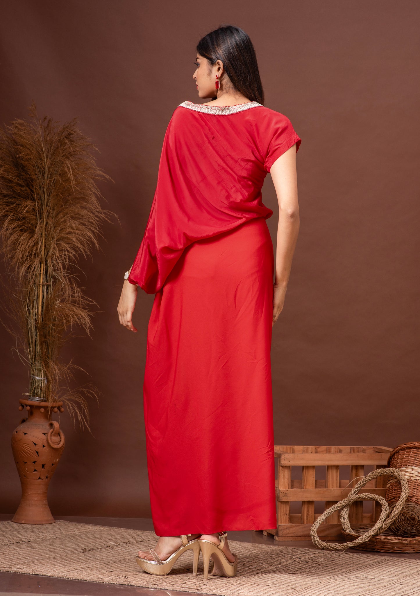 Tomato Red Habutai Silk Draped Skirt Set