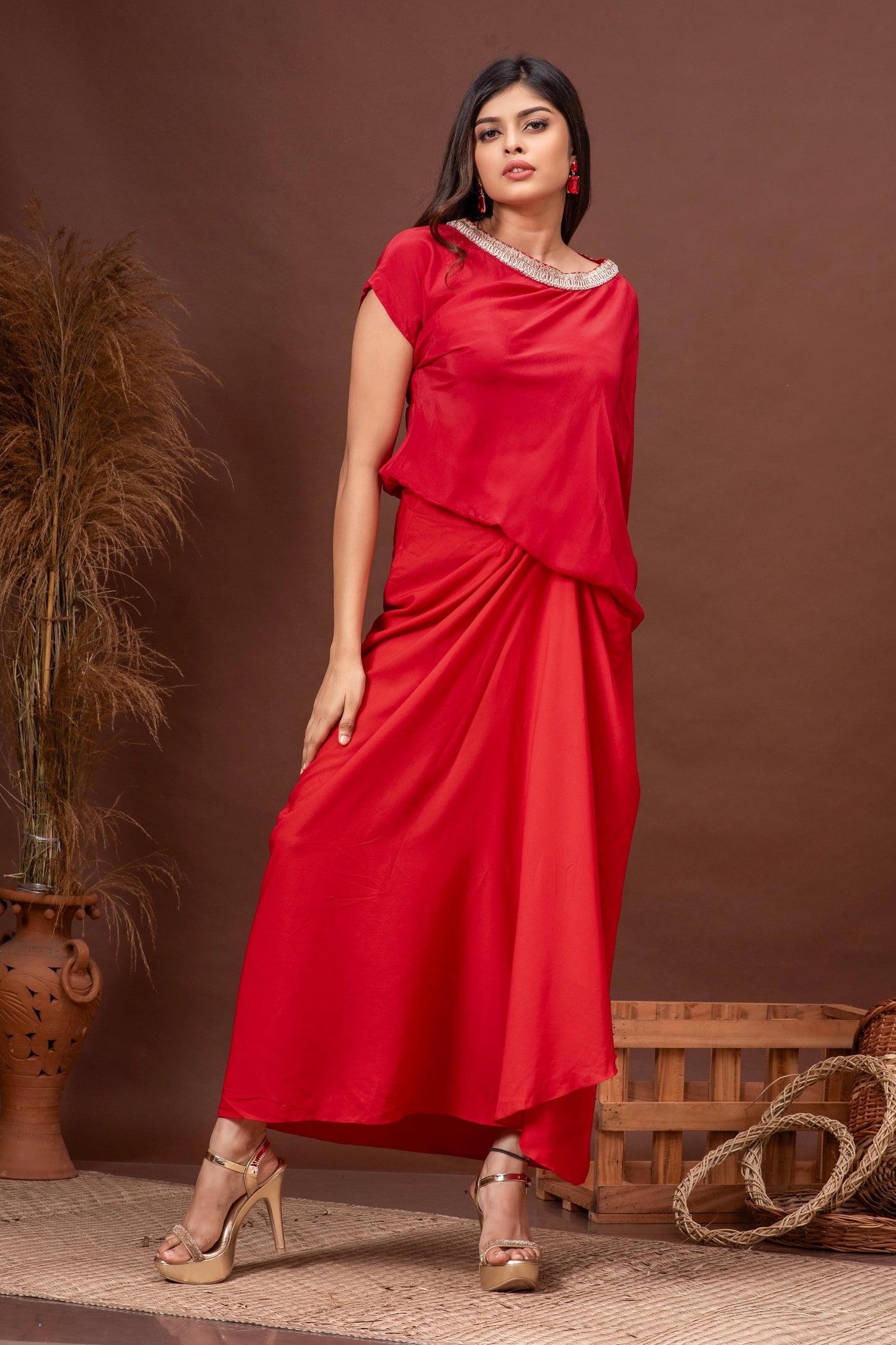 Tomato Red Habutai Silk Draped Skirt Set