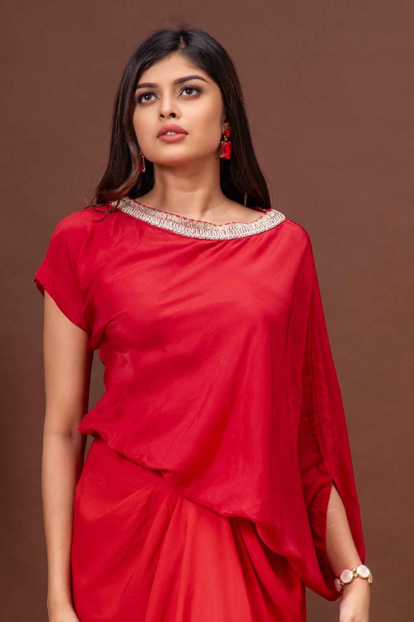 Tomato Red Habutai Silk Draped Skirt Set