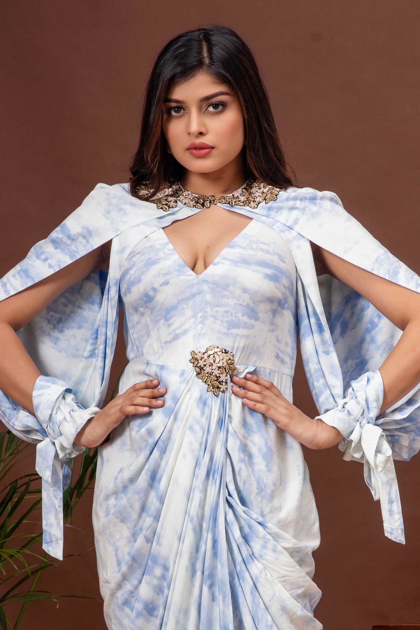 Sky Blue Tie Dye Cotton Cowl Draped Gown
