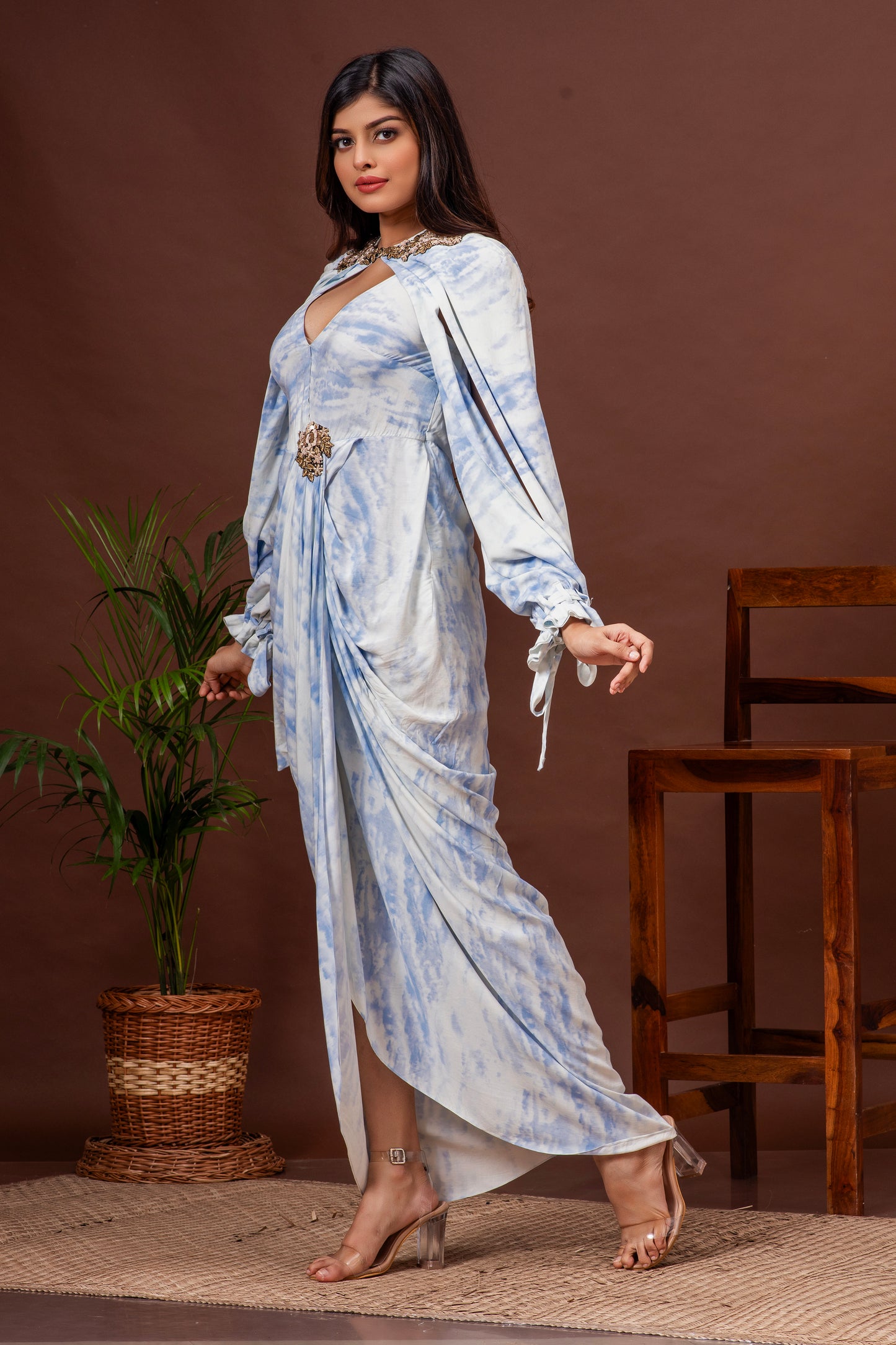 Sky Blue Tie Dye Cotton Cowl Draped Gown