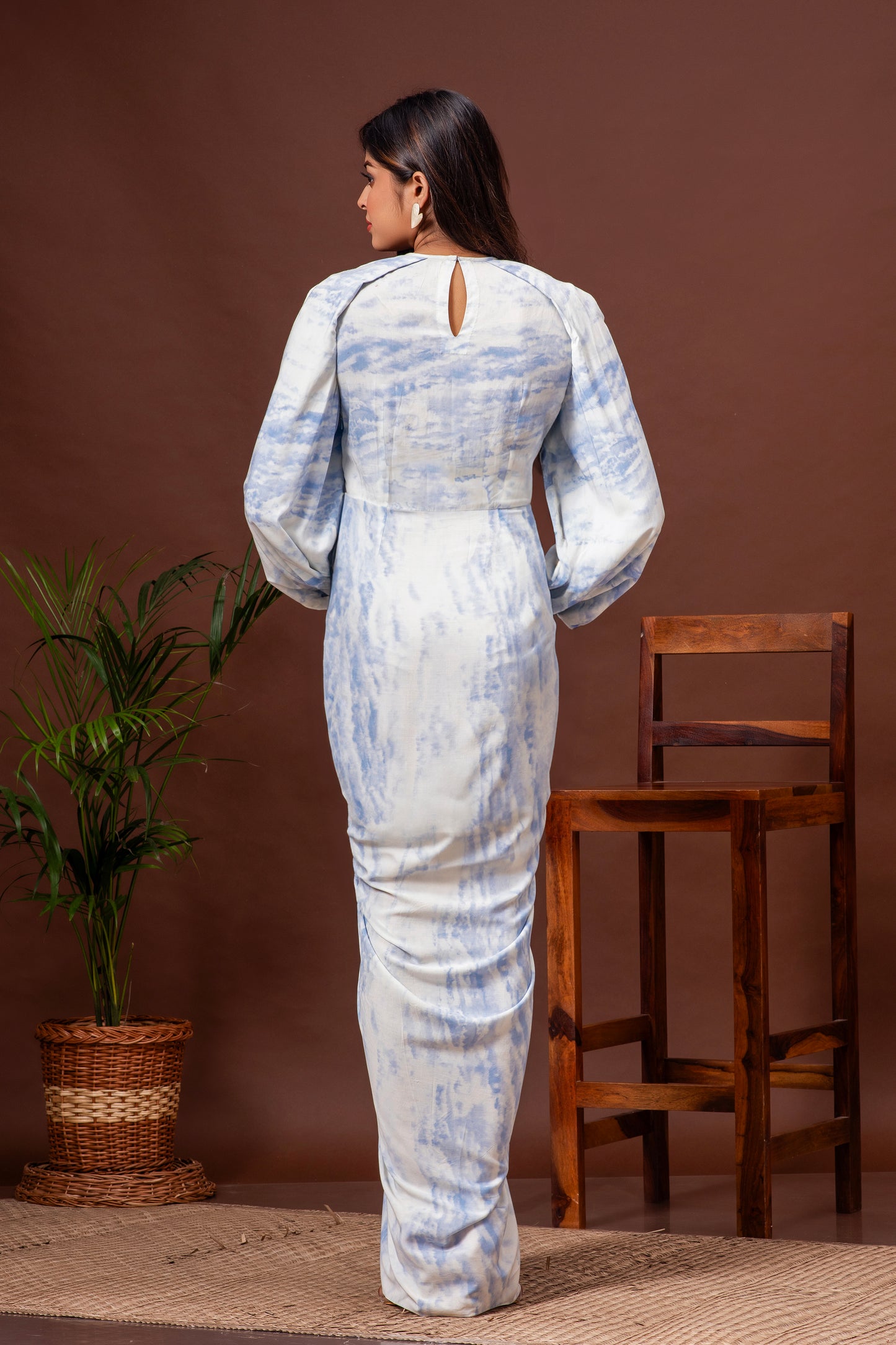 Sky Blue Tie Dye Cotton Cowl Draped Gown