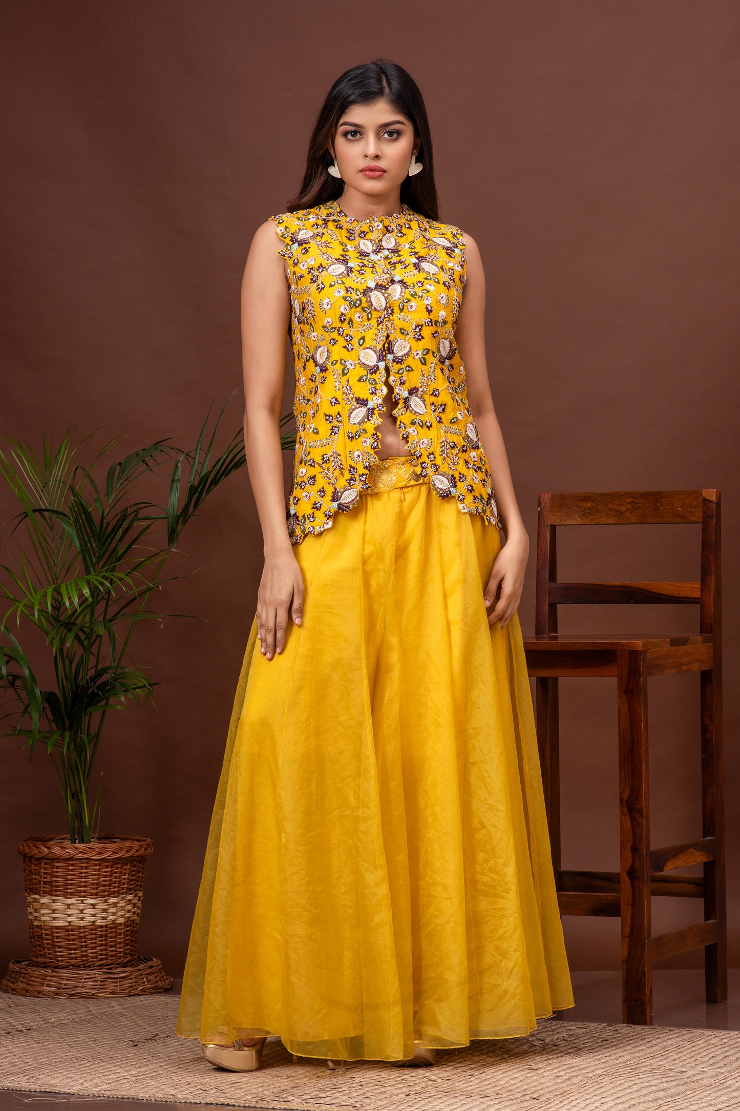 Yellow Bamberg Silk and Organza Embroidered Sharara Set