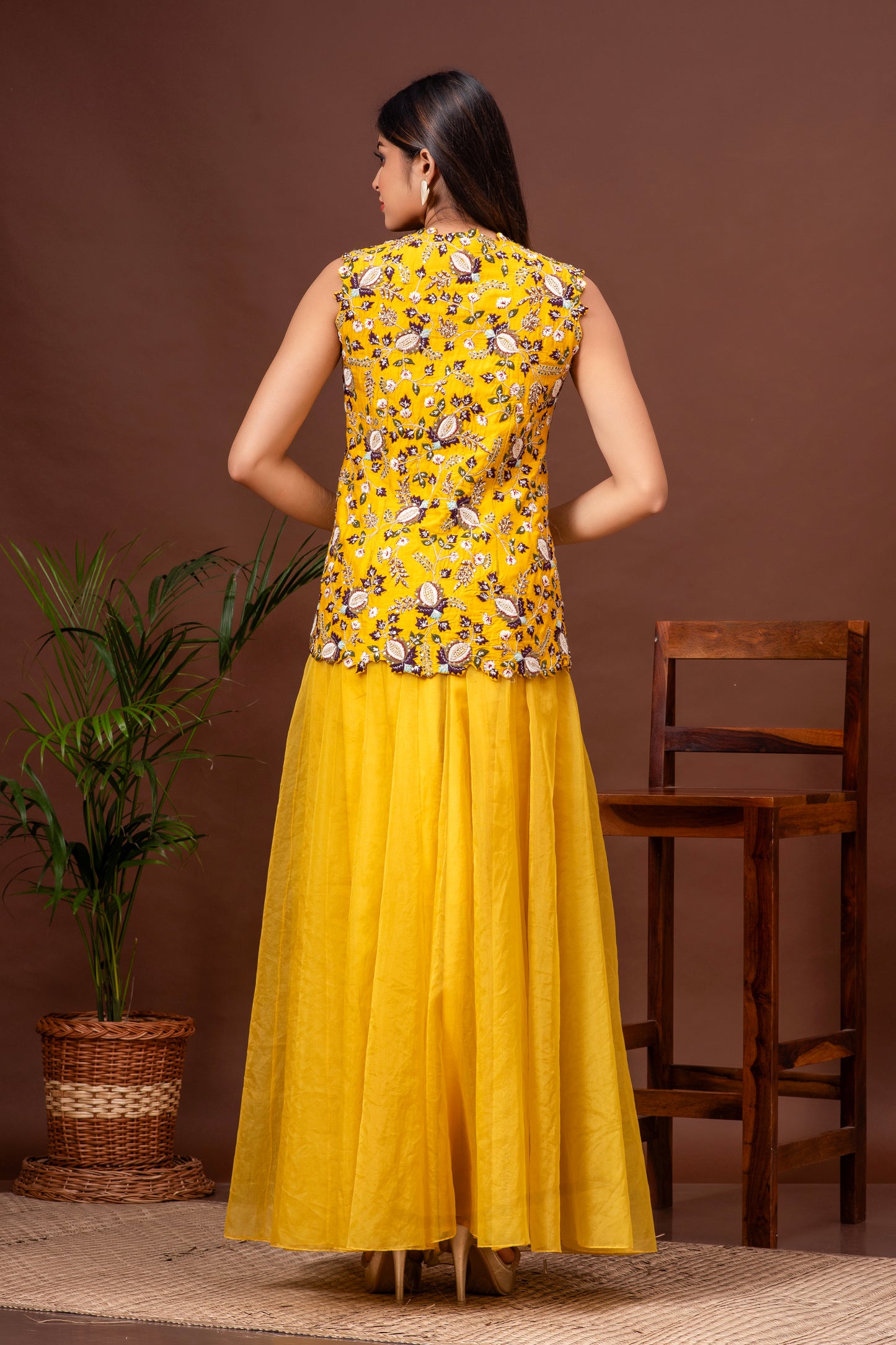 Yellow Bamberg Silk and Organza Embroidered Sharara Set