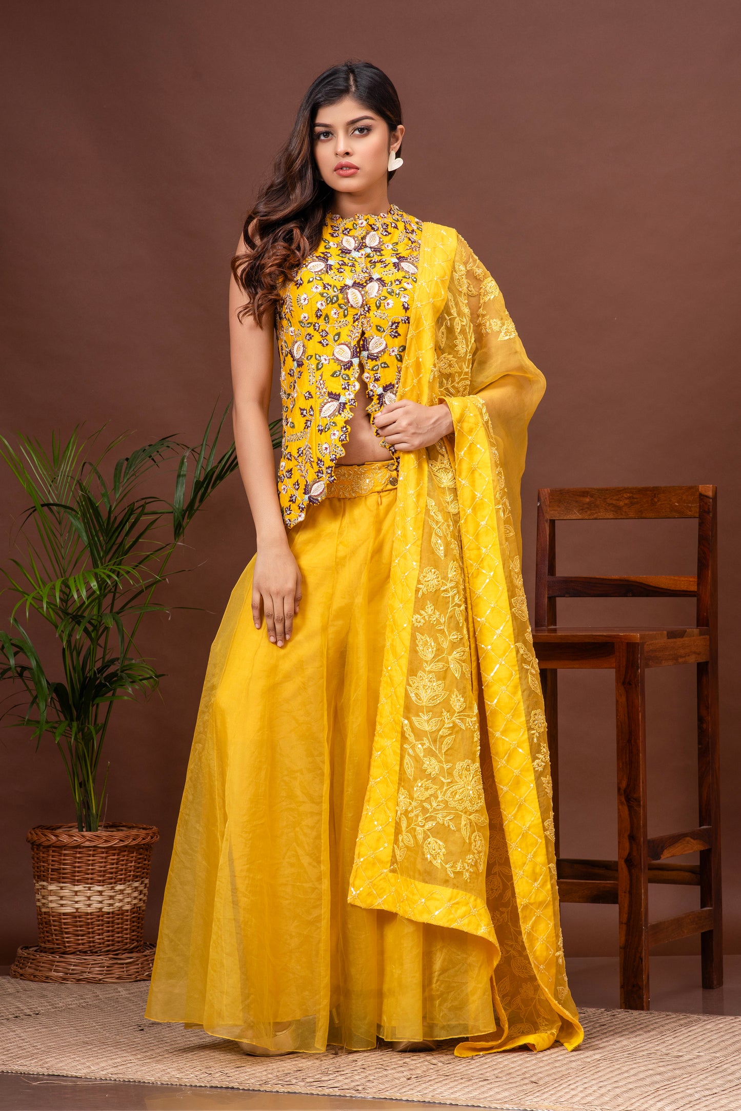 Yellow Bamberg Silk and Organza Embroidered Sharara Set