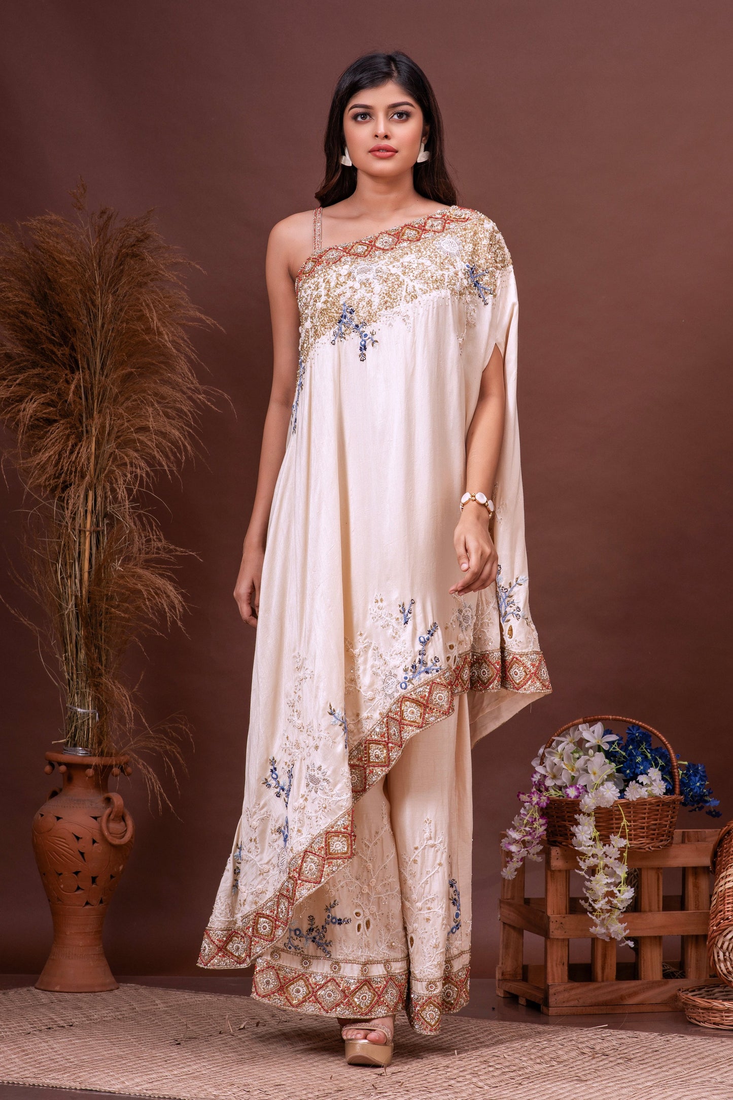 Beige Bamberg Silk Cross Shoulder Embroidered Fusion Set