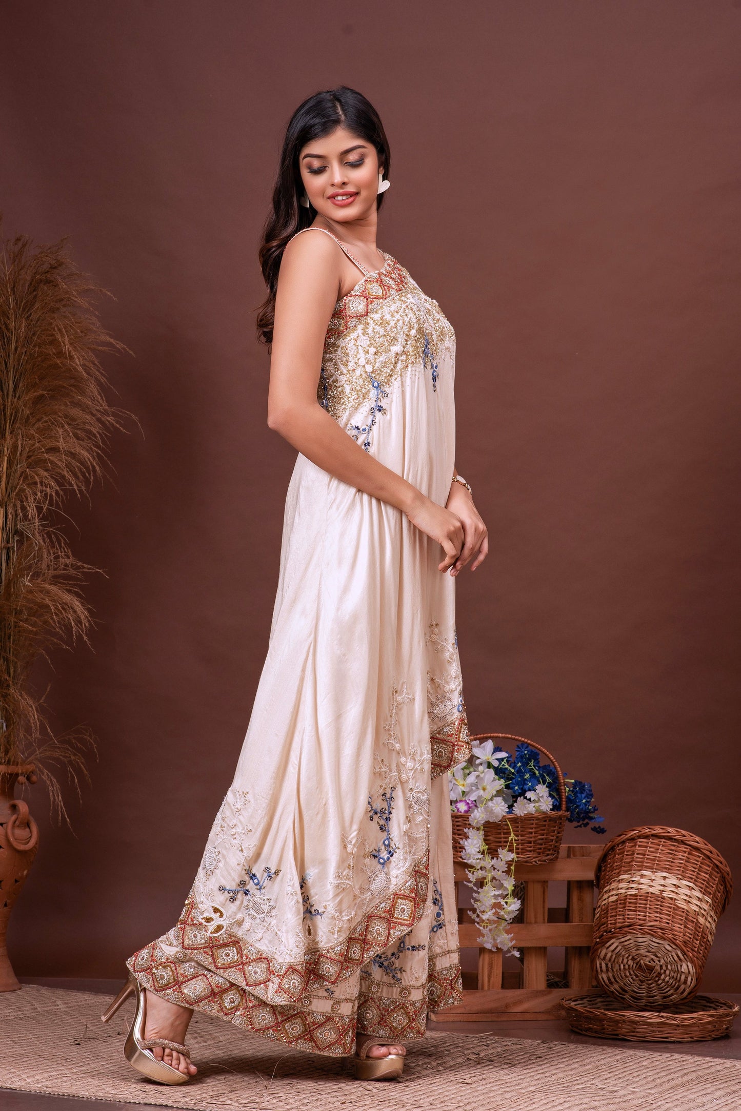 Beige Bamberg Silk Cross Shoulder Embroidered Fusion Set