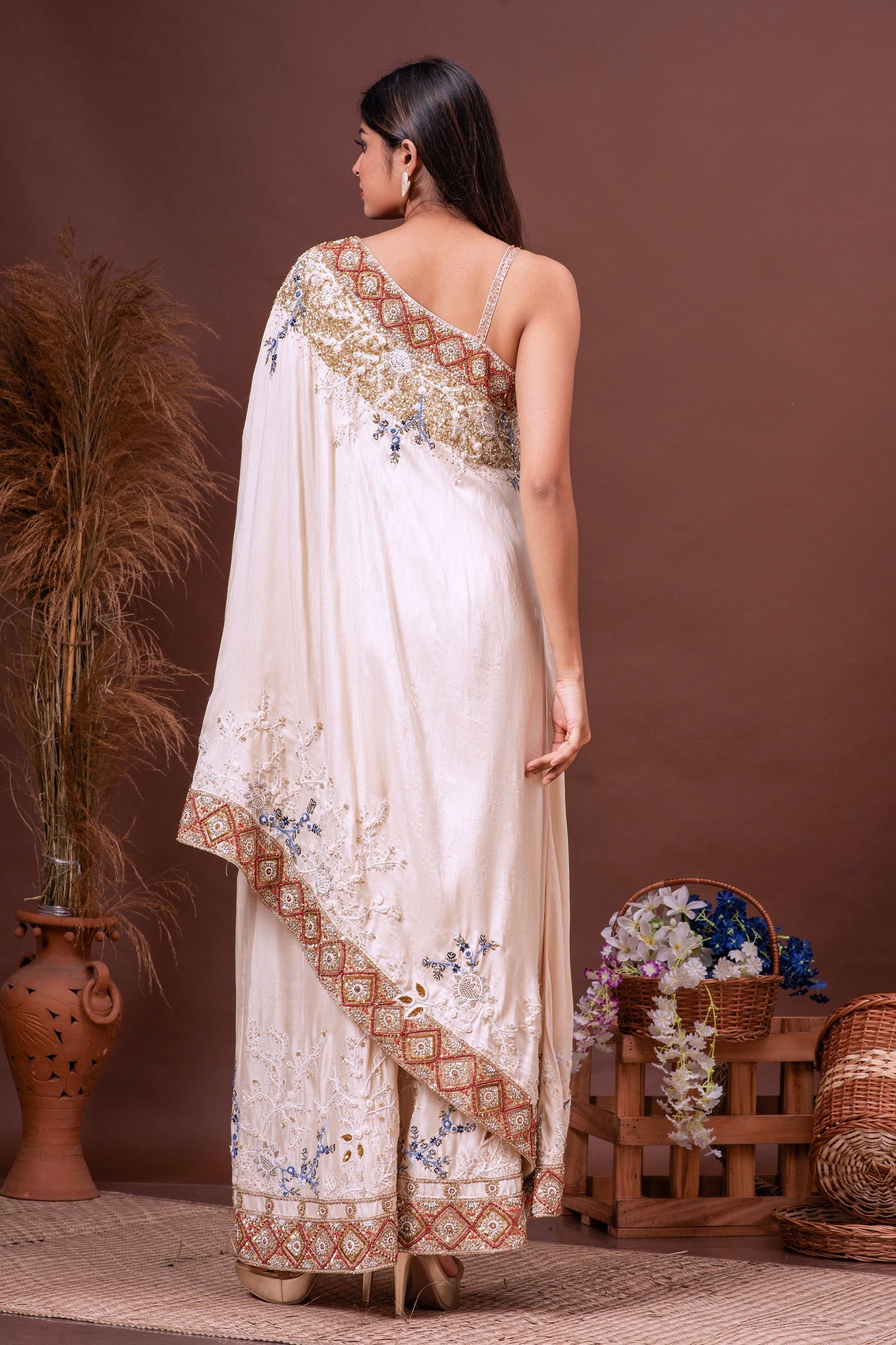 Beige Bamberg Silk Cross Shoulder Embroidered Fusion Set
