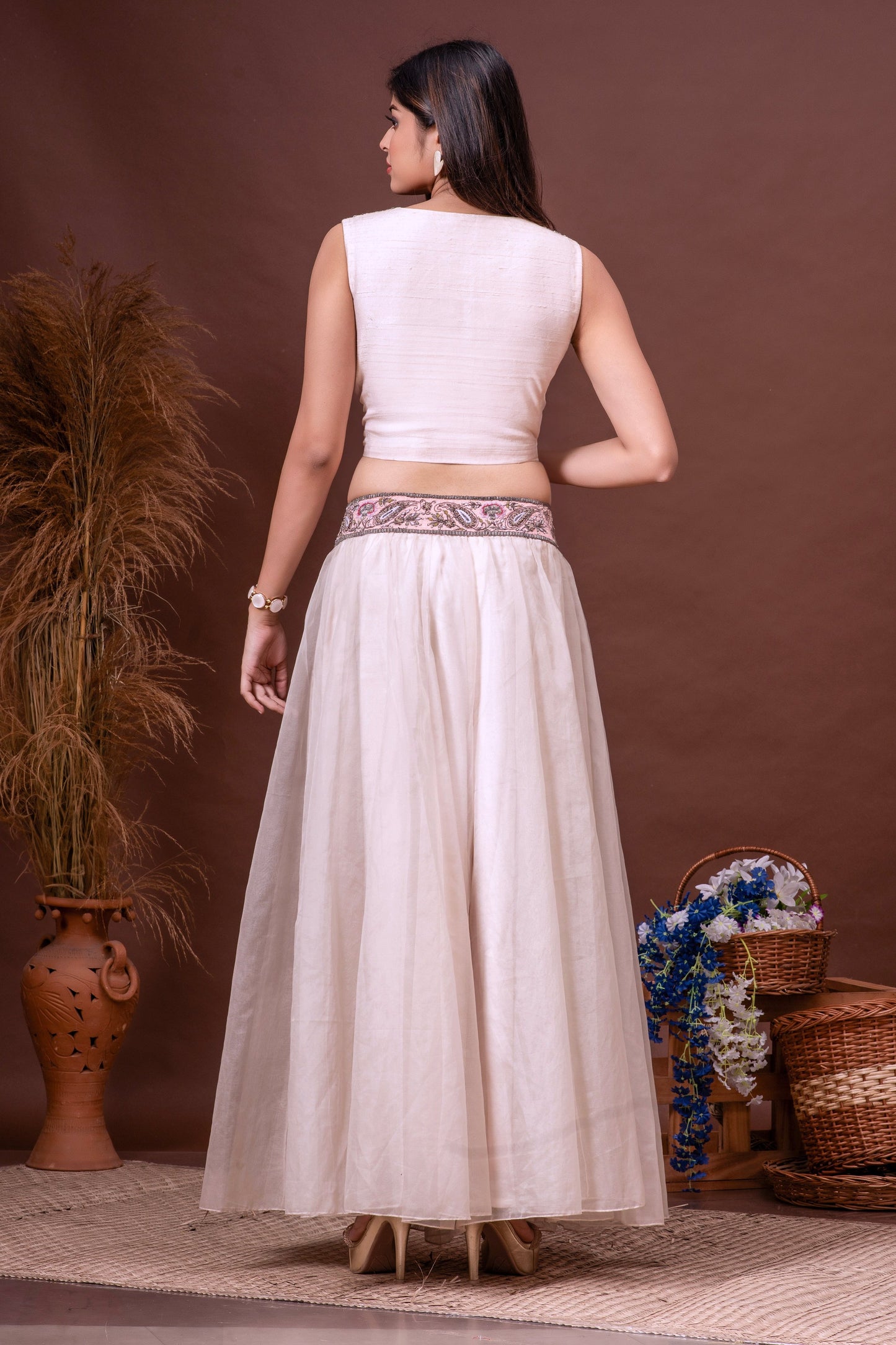 Nude Pink Bamberg Silk and Organza Embroidered Sharara Set