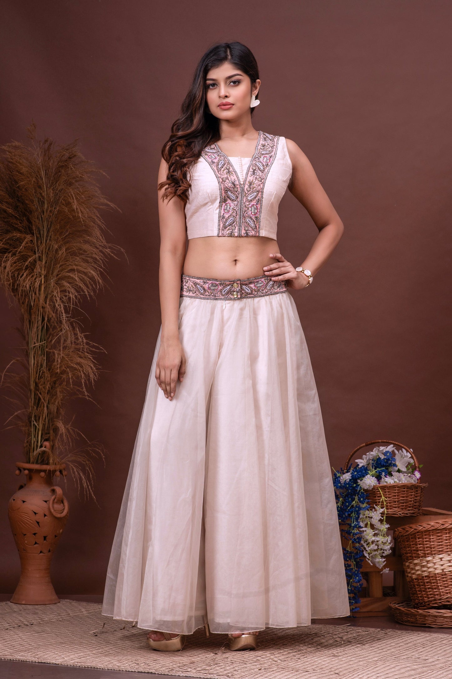 Nude Pink Bamberg Silk and Organza Embroidered Sharara Set