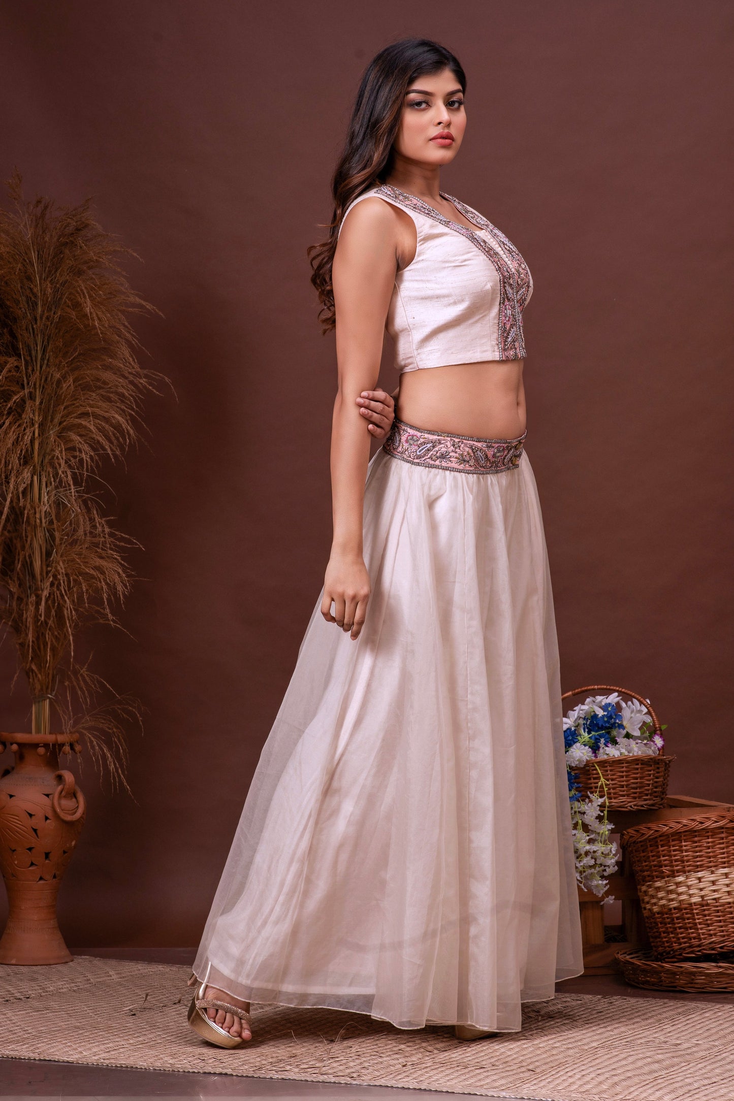 Nude Pink Bamberg Silk and Organza Embroidered Sharara Set
