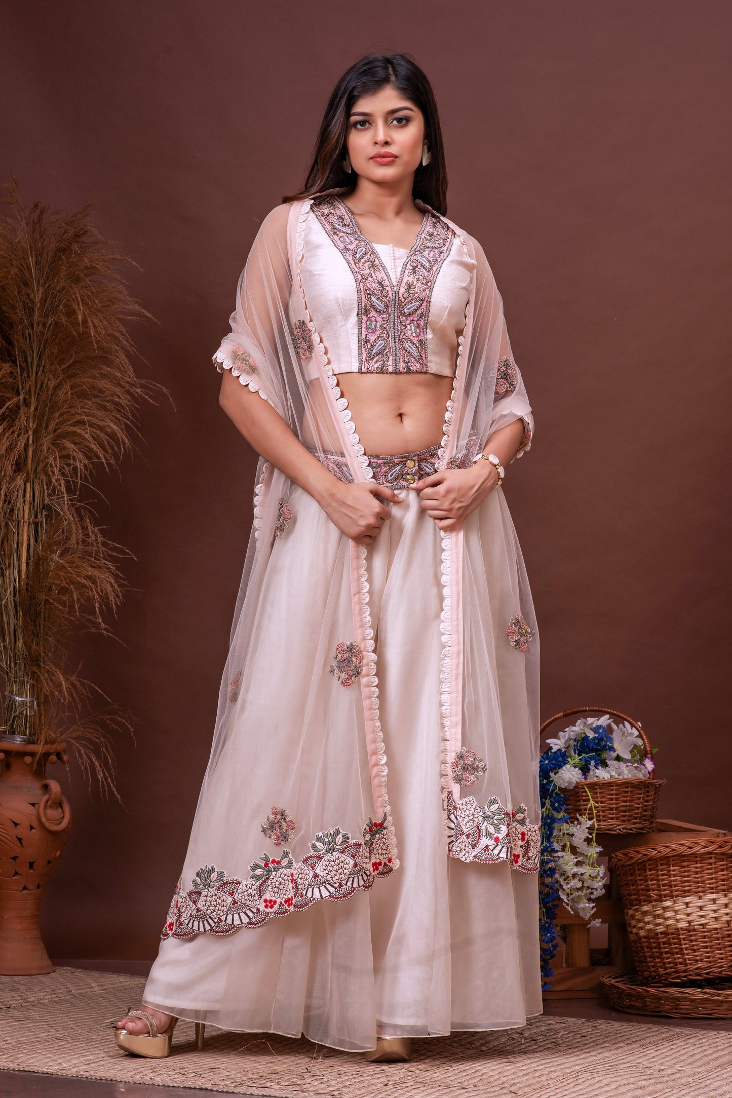 Nude Pink Bamberg Silk and Organza Embroidered Sharara Set