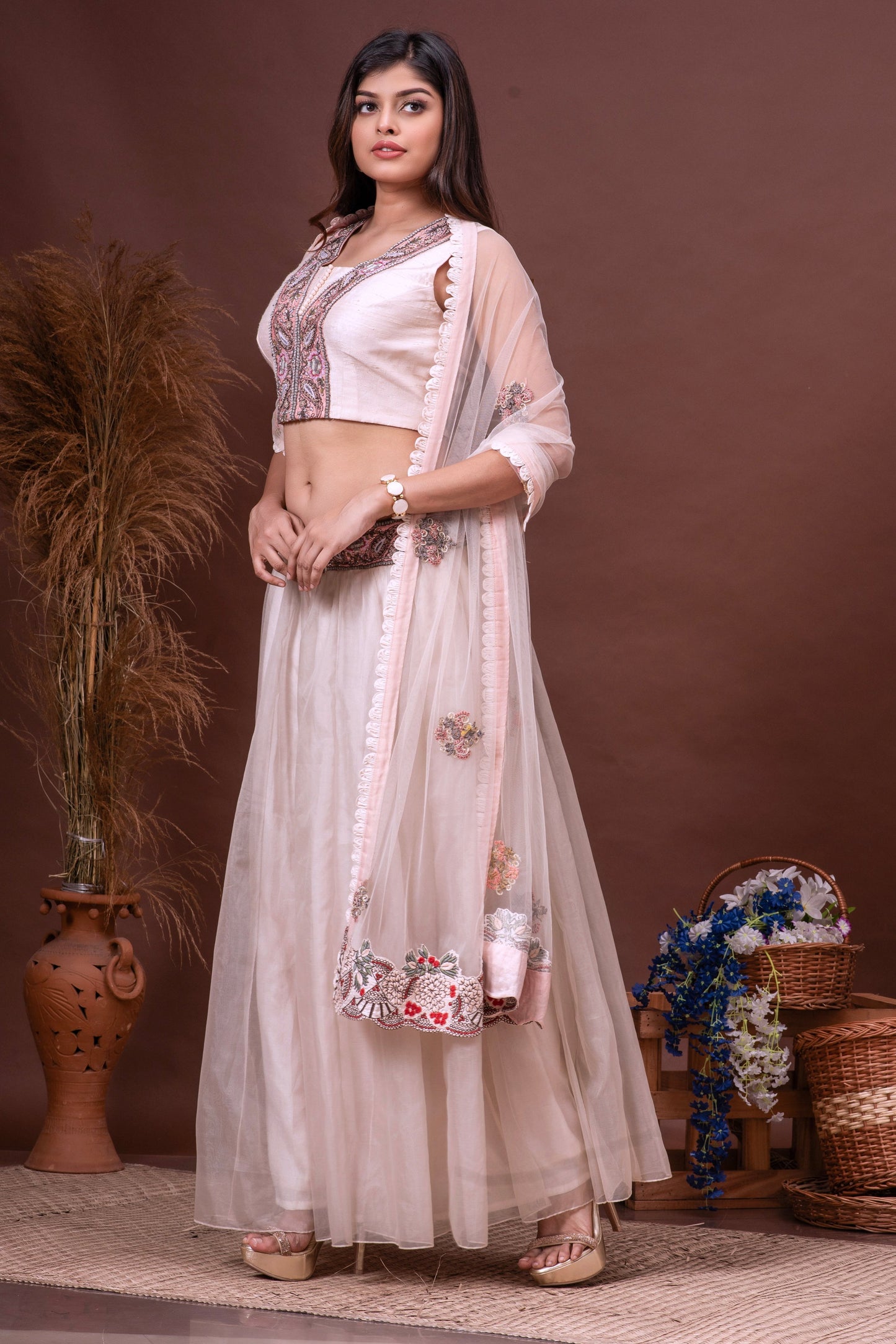 Nude Pink Bamberg Silk and Organza Embroidered Sharara Set