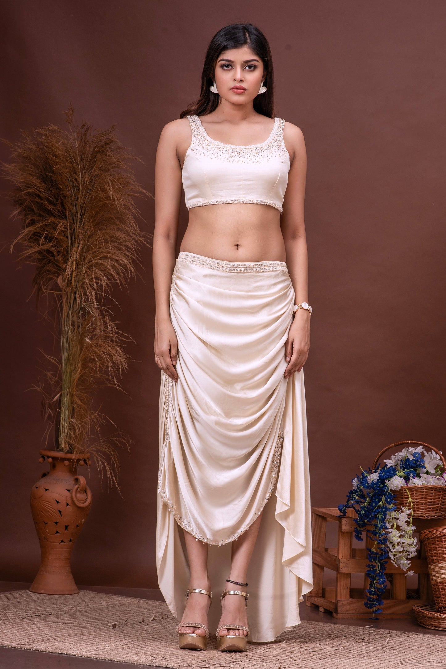 Beige Silk Organza Embroidered Skirt Set