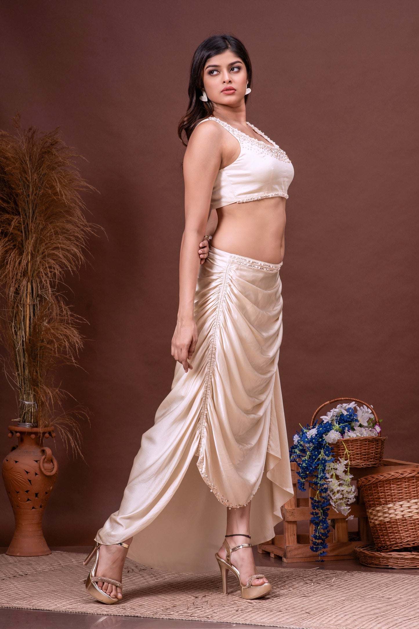 Beige Silk Organza Embroidered Skirt Set