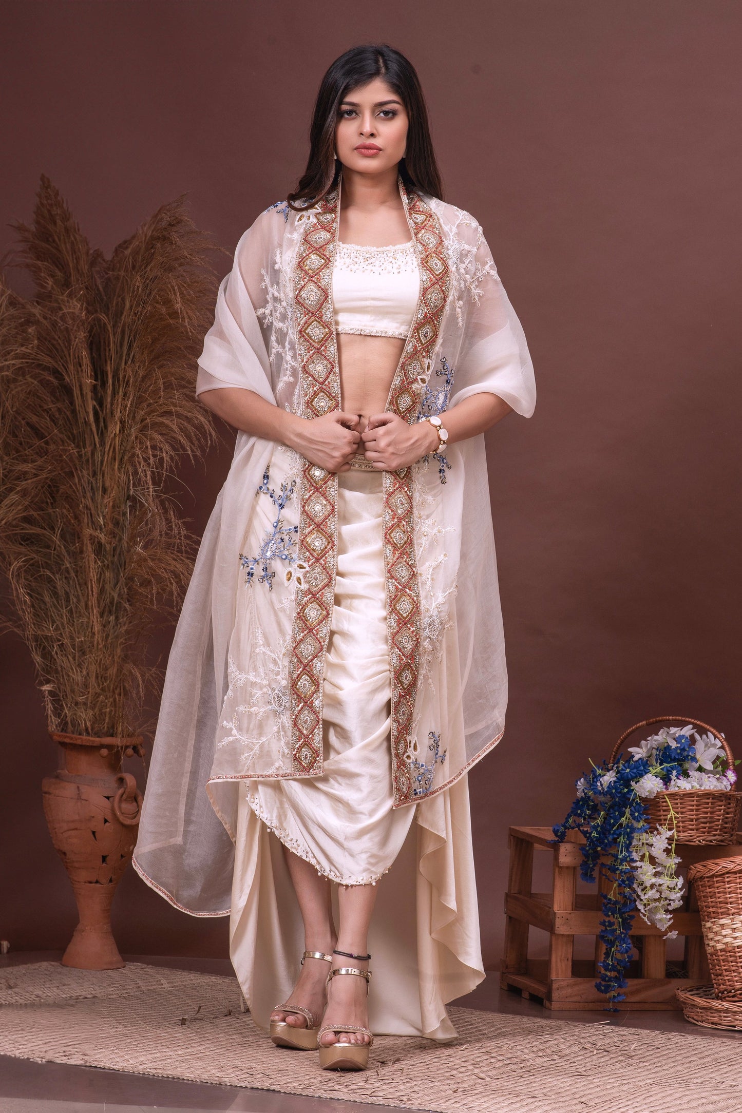 Beige Silk Organza Embroidered Skirt Set