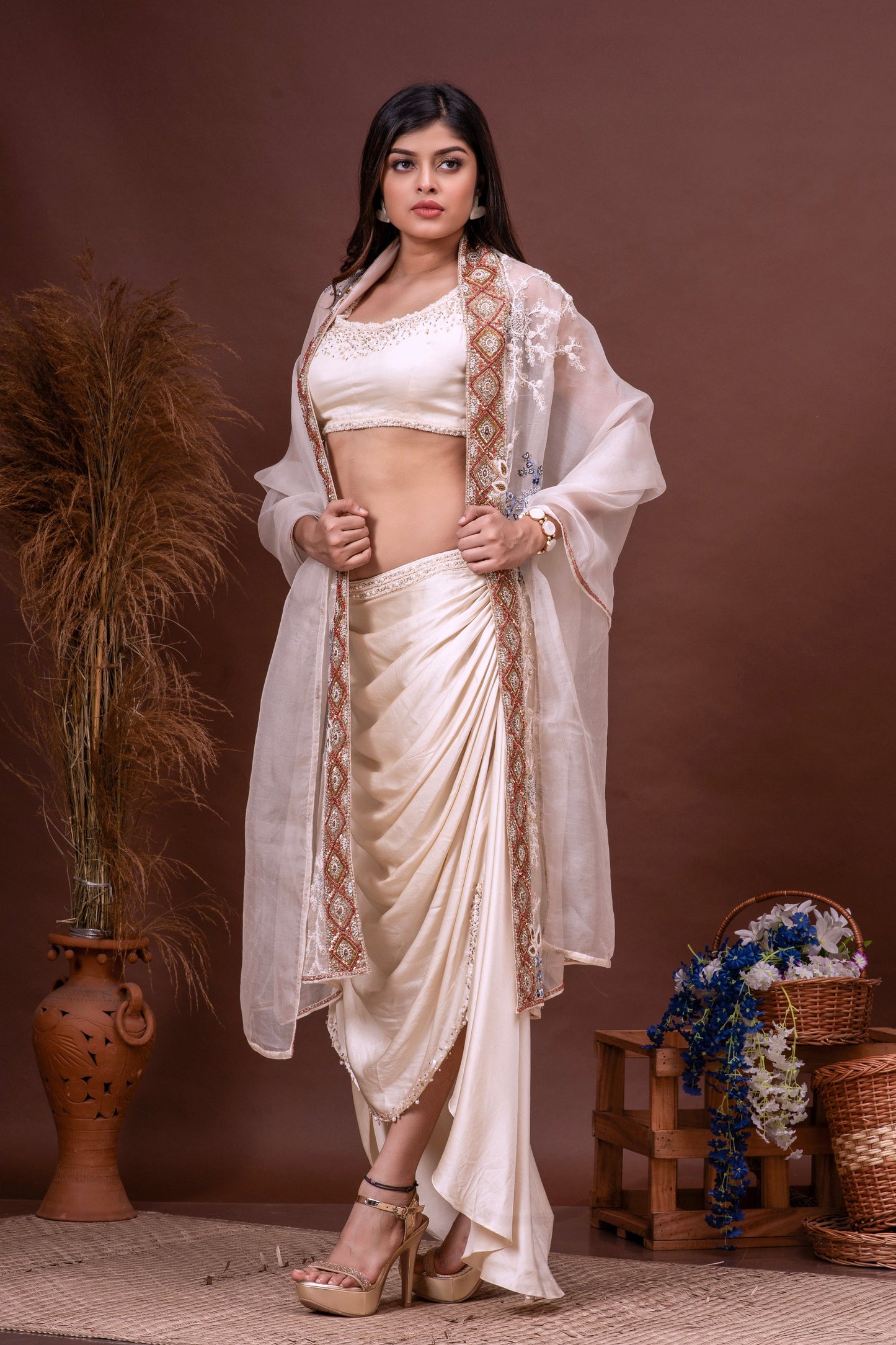 Beige Silk Organza Embroidered Skirt Set