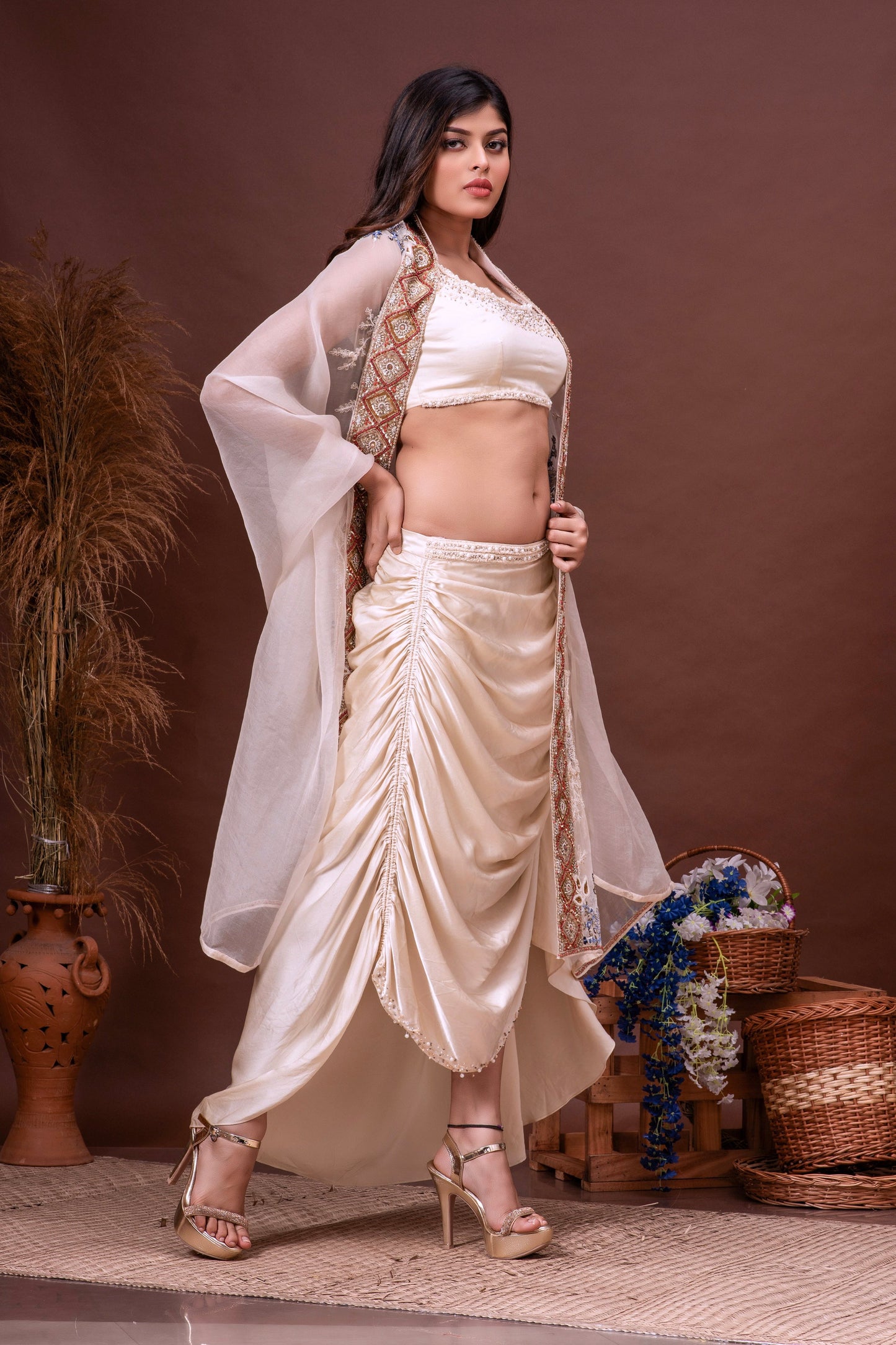 Beige Silk Organza Embroidered Skirt Set