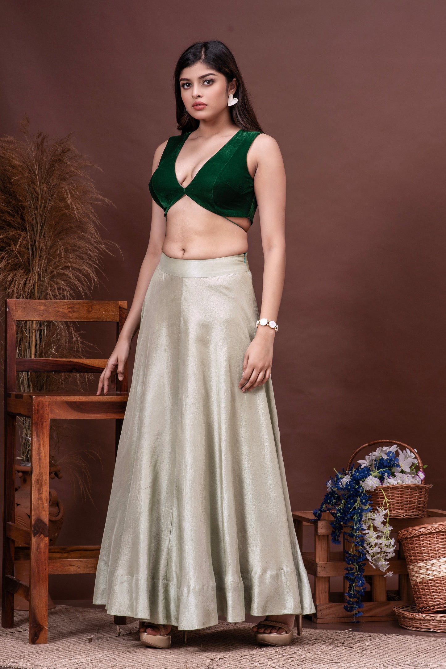 Mint Green & Bottle Green Silk Organza Cape Skirt Set