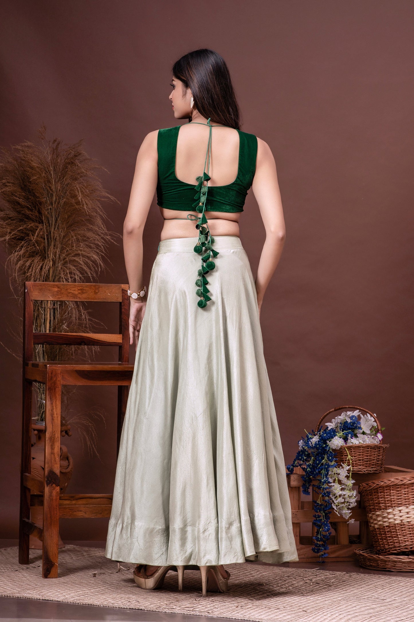 Mint Green & Bottle Green Silk Organza Cape Skirt Set