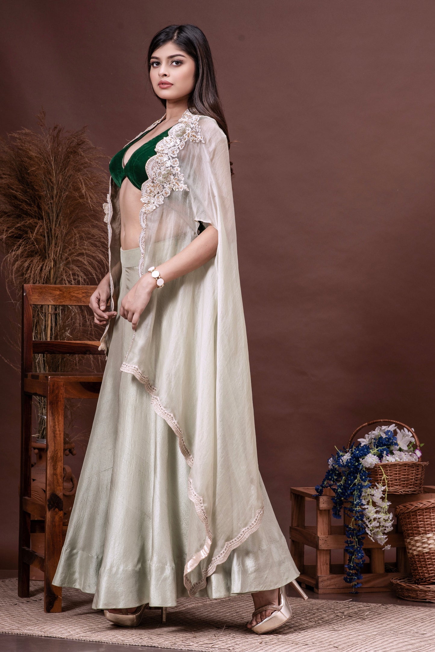 Mint Green & Bottle Green Silk Organza Cape Skirt Set