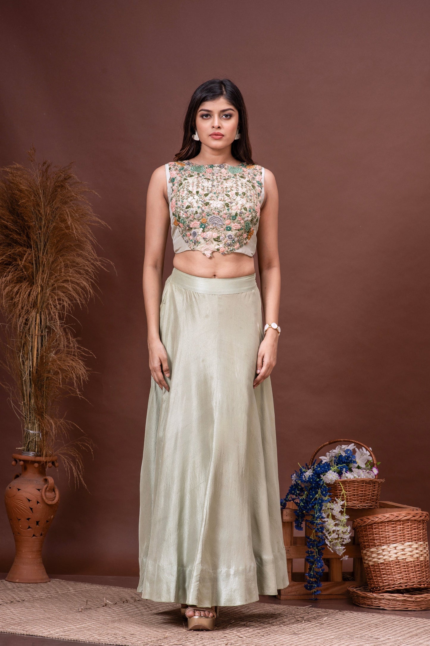 Mint Green Silk Organza Embroidered Cape Set