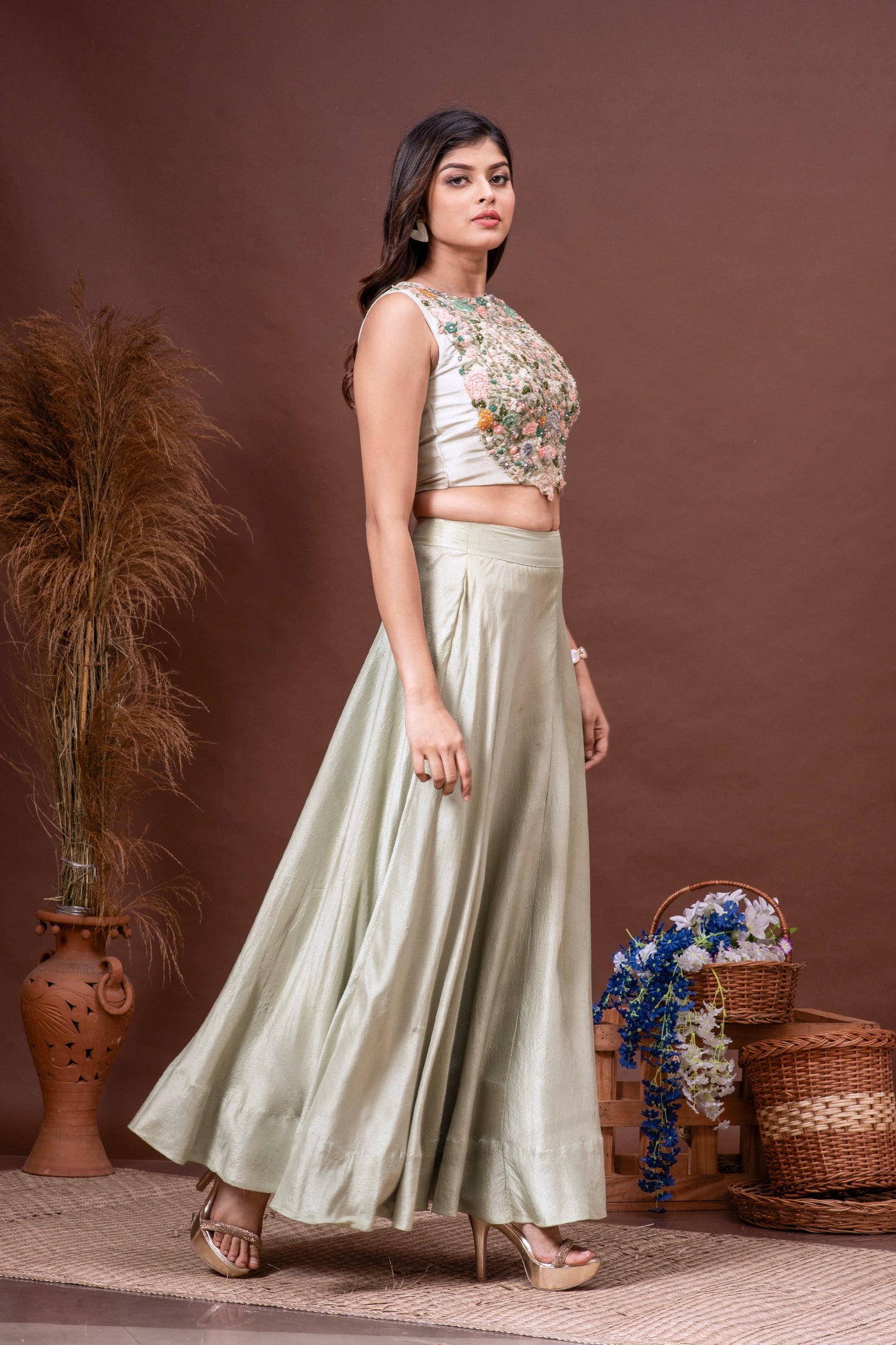 Mint Green Silk Organza Embroidered Cape Set