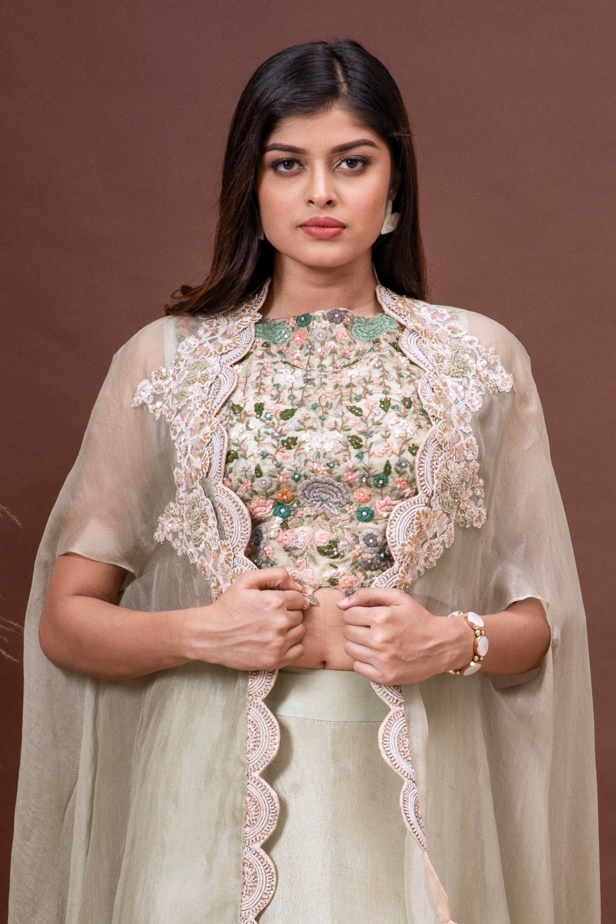 Mint Green Silk Organza Embroidered Cape Set