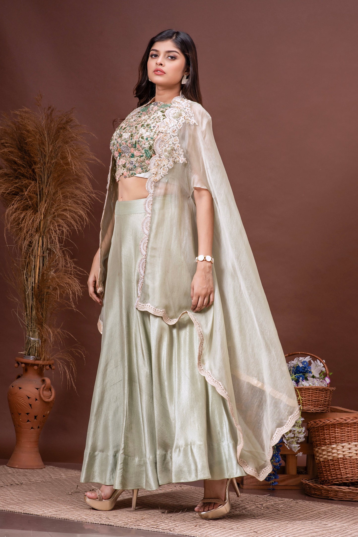 Mint Green Silk Organza Embroidered Cape Set