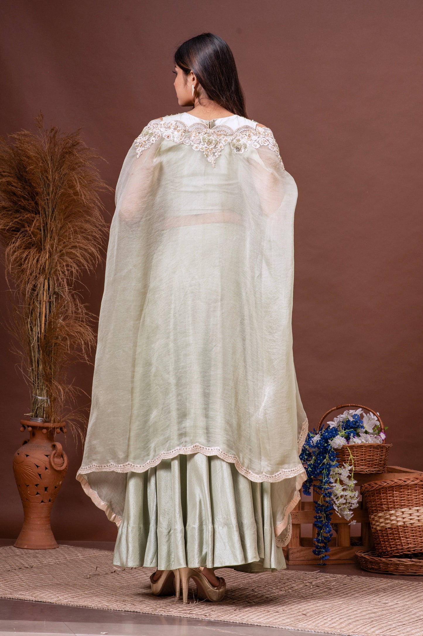 Mint Green Silk Organza Embroidered Cape Set