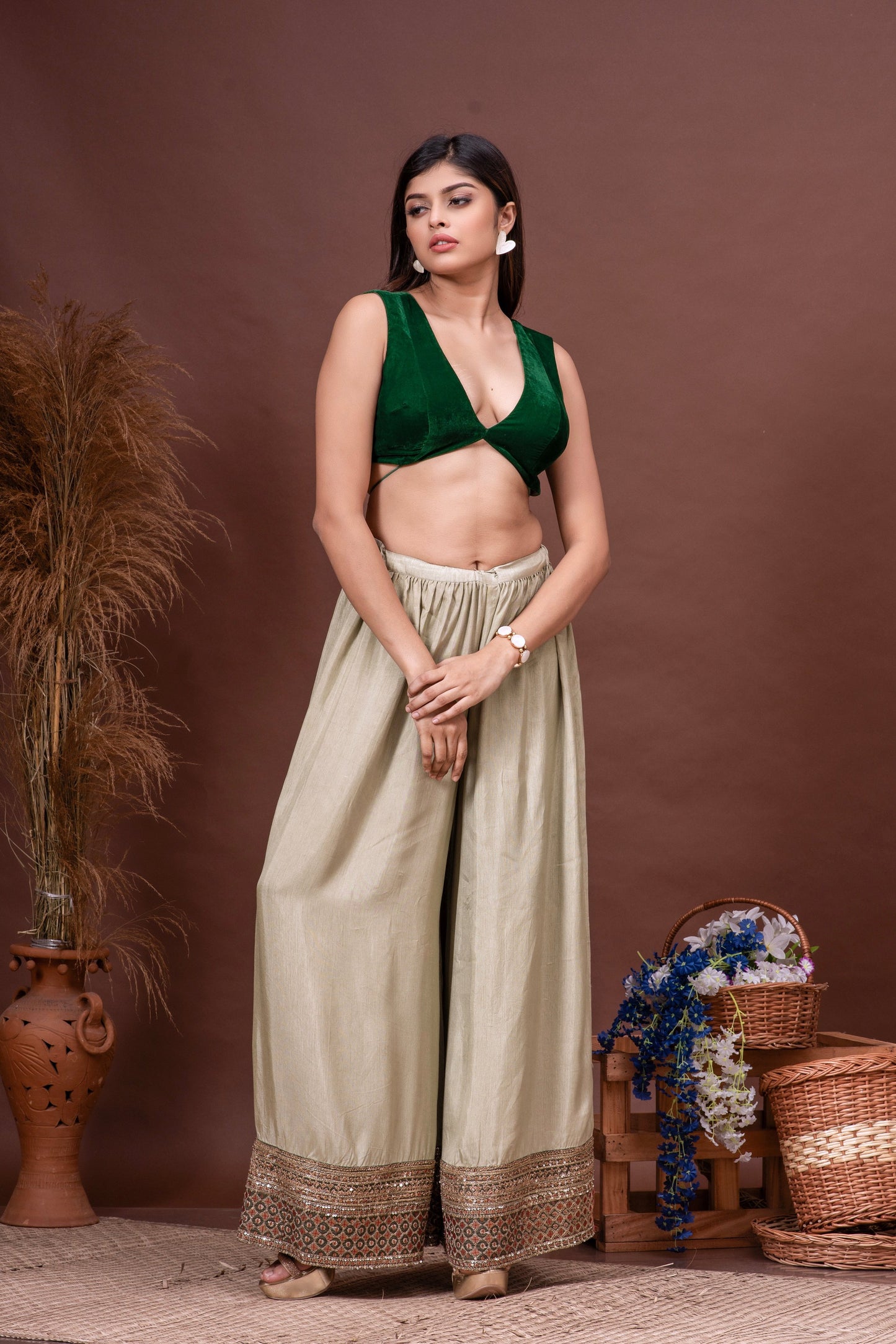 Moss & Bottle Green Silk Organza Embroidered Cape Set