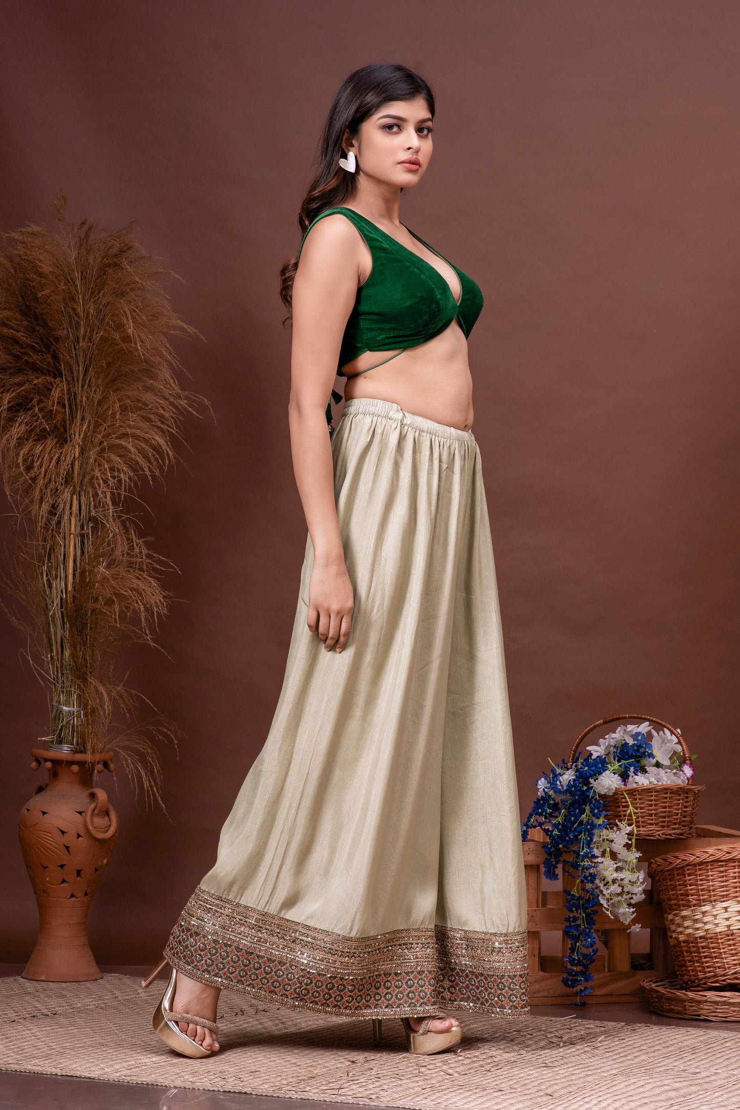 Moss & Bottle Green Silk Organza Embroidered Cape Set