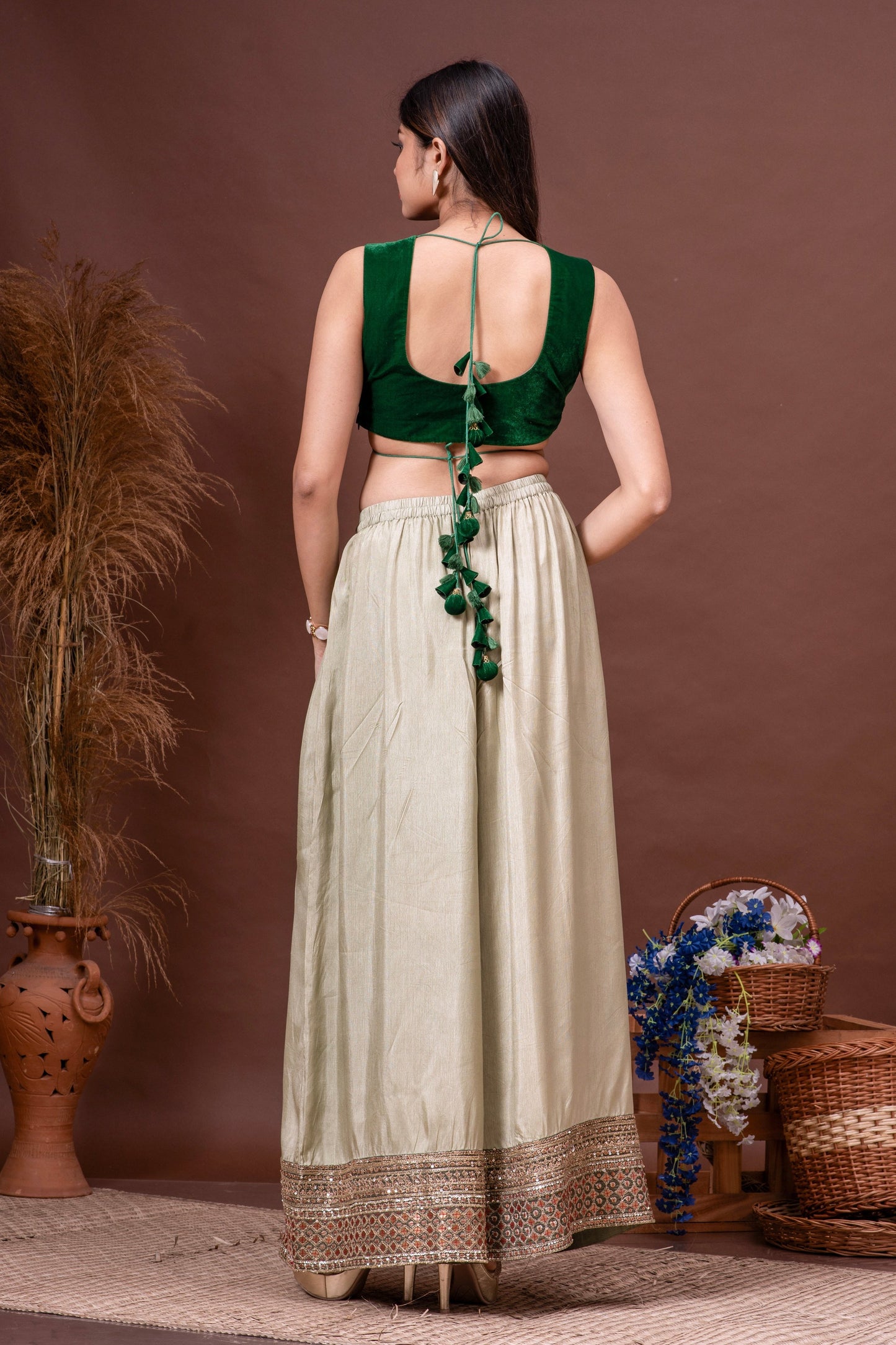 Moss & Bottle Green Silk Organza Embroidered Cape Set