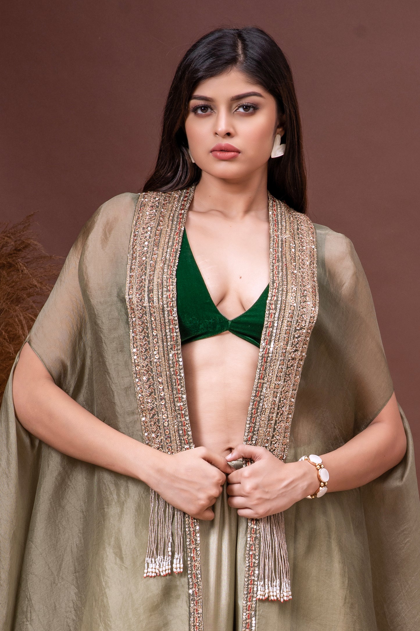 Moss & Bottle Green Silk Organza Embroidered Cape Set