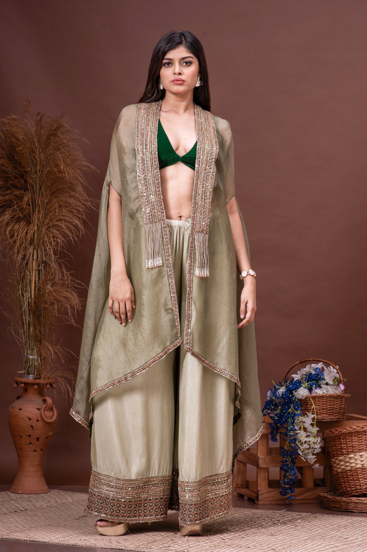 Moss & Bottle Green Silk Organza Embroidered Cape Set