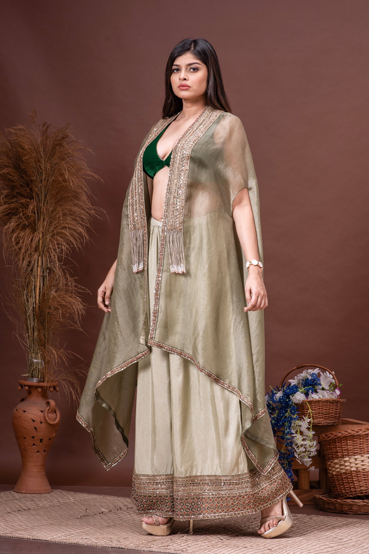 Moss & Bottle Green Silk Organza Embroidered Cape Set