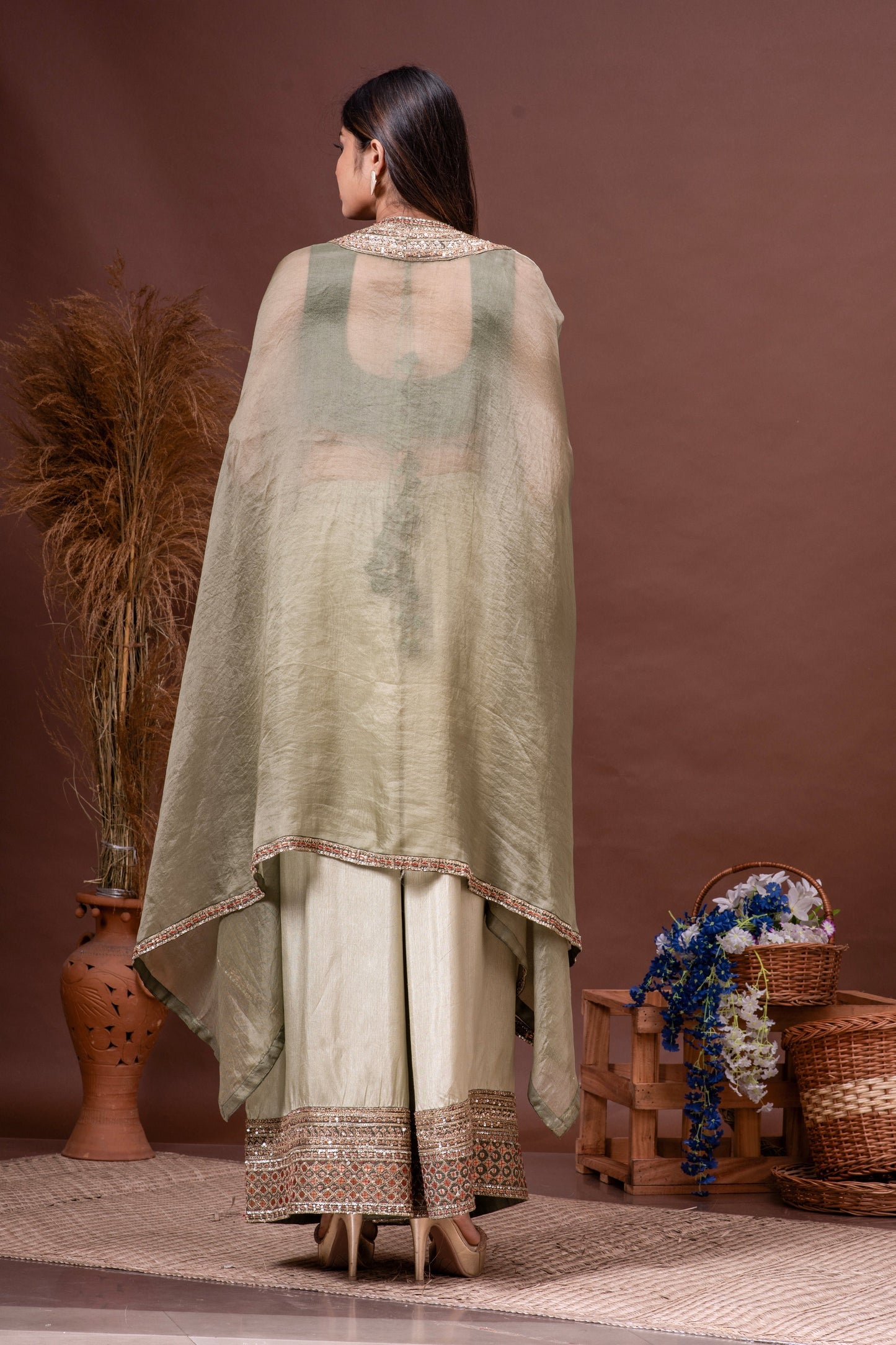 Moss & Bottle Green Silk Organza Embroidered Cape Set
