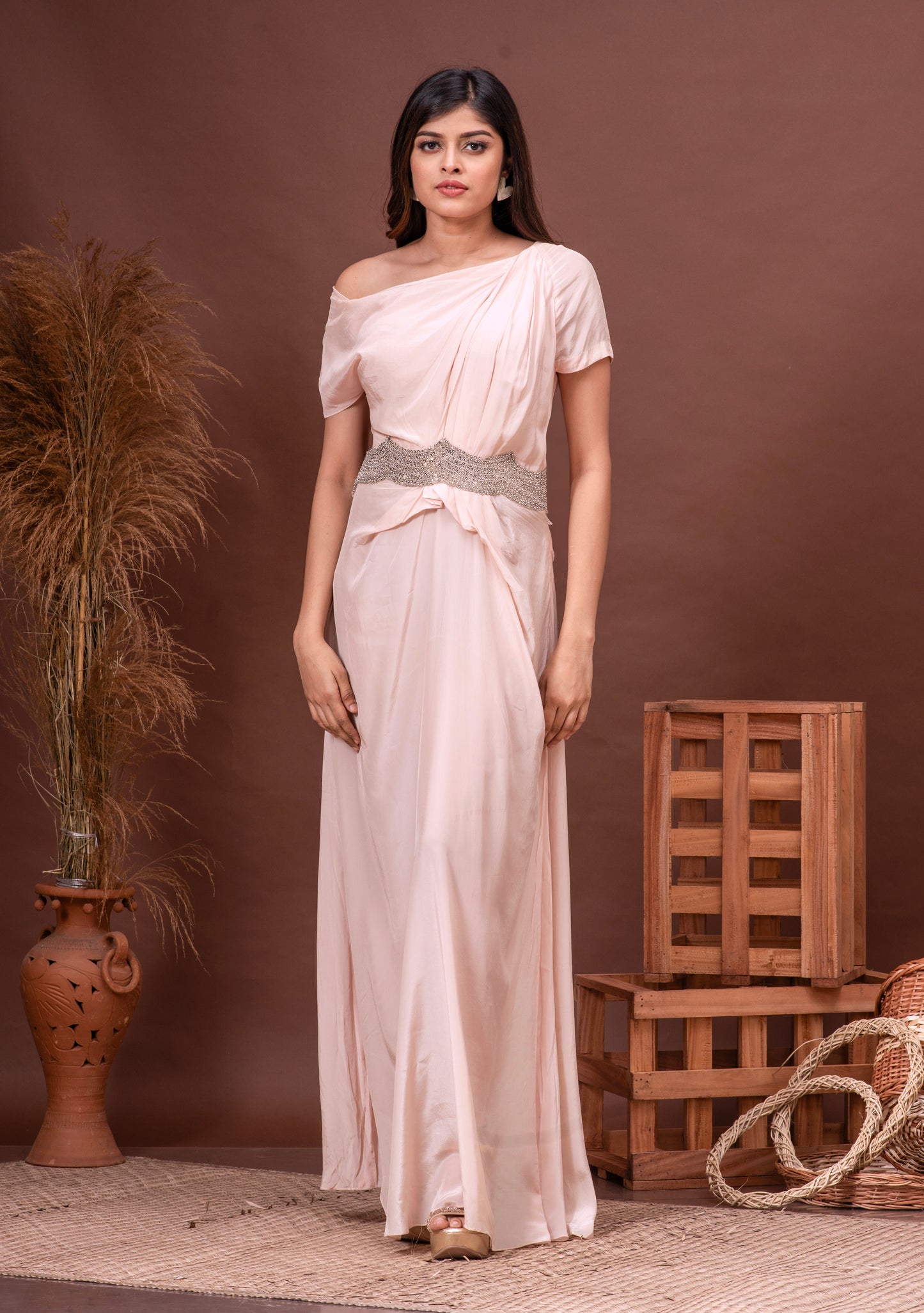 Champagne Pink Drop Shoulder Habutai Silk Hand Embroidered Gown