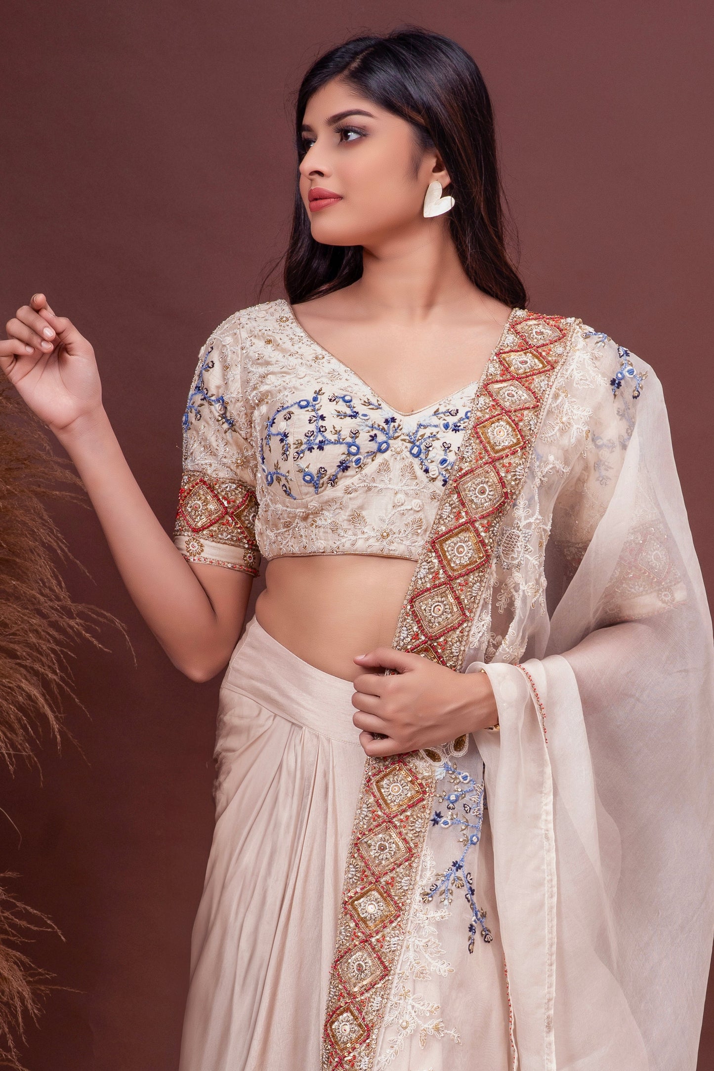 Beige Bamberg Silk Embroidered Blouse & Draped Skirt Set