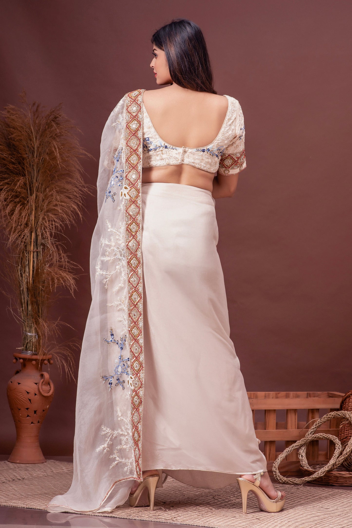 Beige Bamberg Silk Embroidered Blouse & Draped Skirt Set