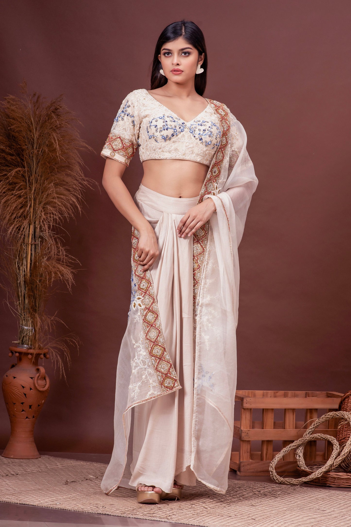 Beige Bamberg Silk Embroidered Blouse & Draped Skirt Set
