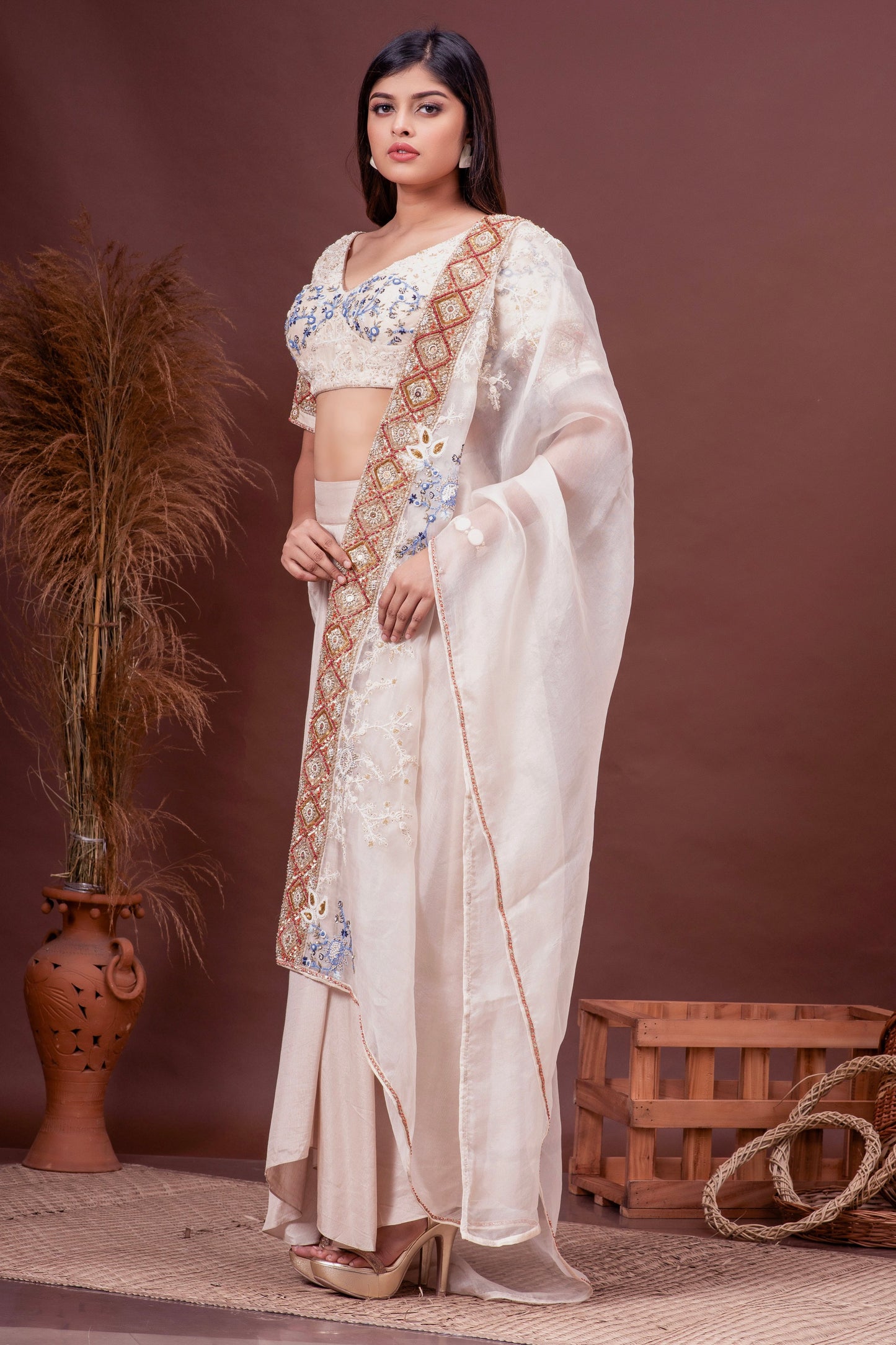 Beige Bamberg Silk Embroidered Blouse & Draped Skirt Set