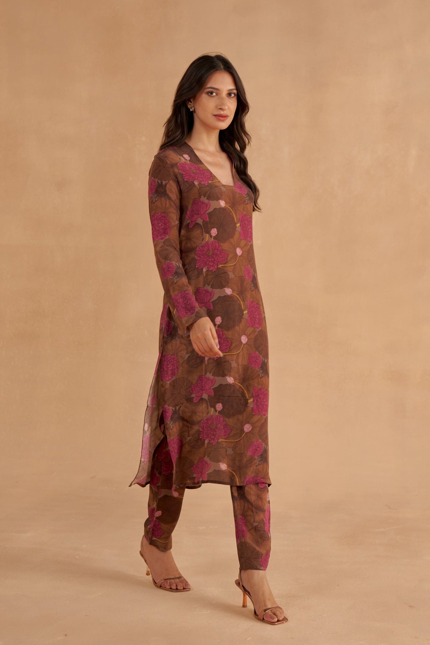 Walnut Brown Crepe Silk Kurta in Signature Lotus Print with Matching Pants and Organza Dupatta
